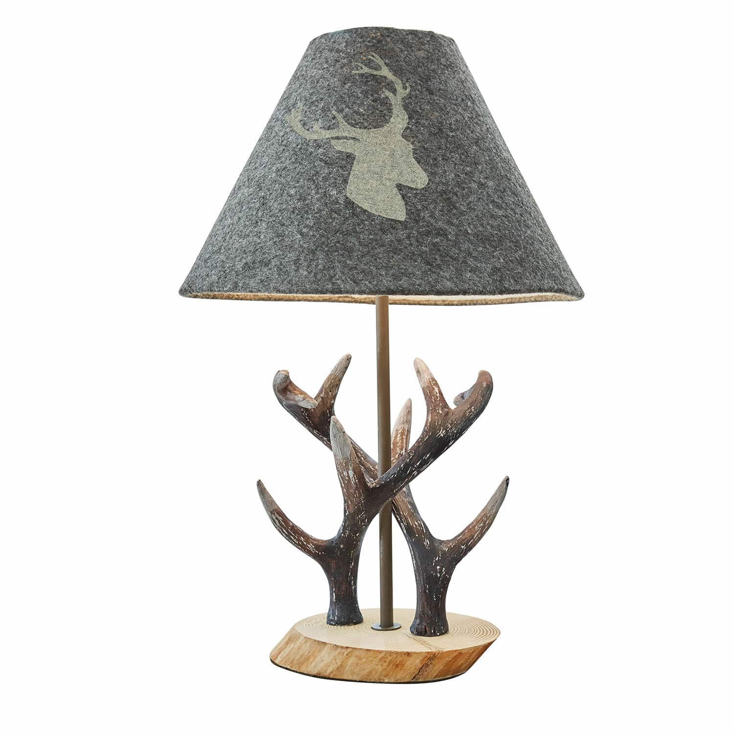 Stolní lampa Lodge Stolní lampa s dřevěným podstavcem a dekorací parohů, šedý stínidlo s motivem jelena, dekorativní osvětlení