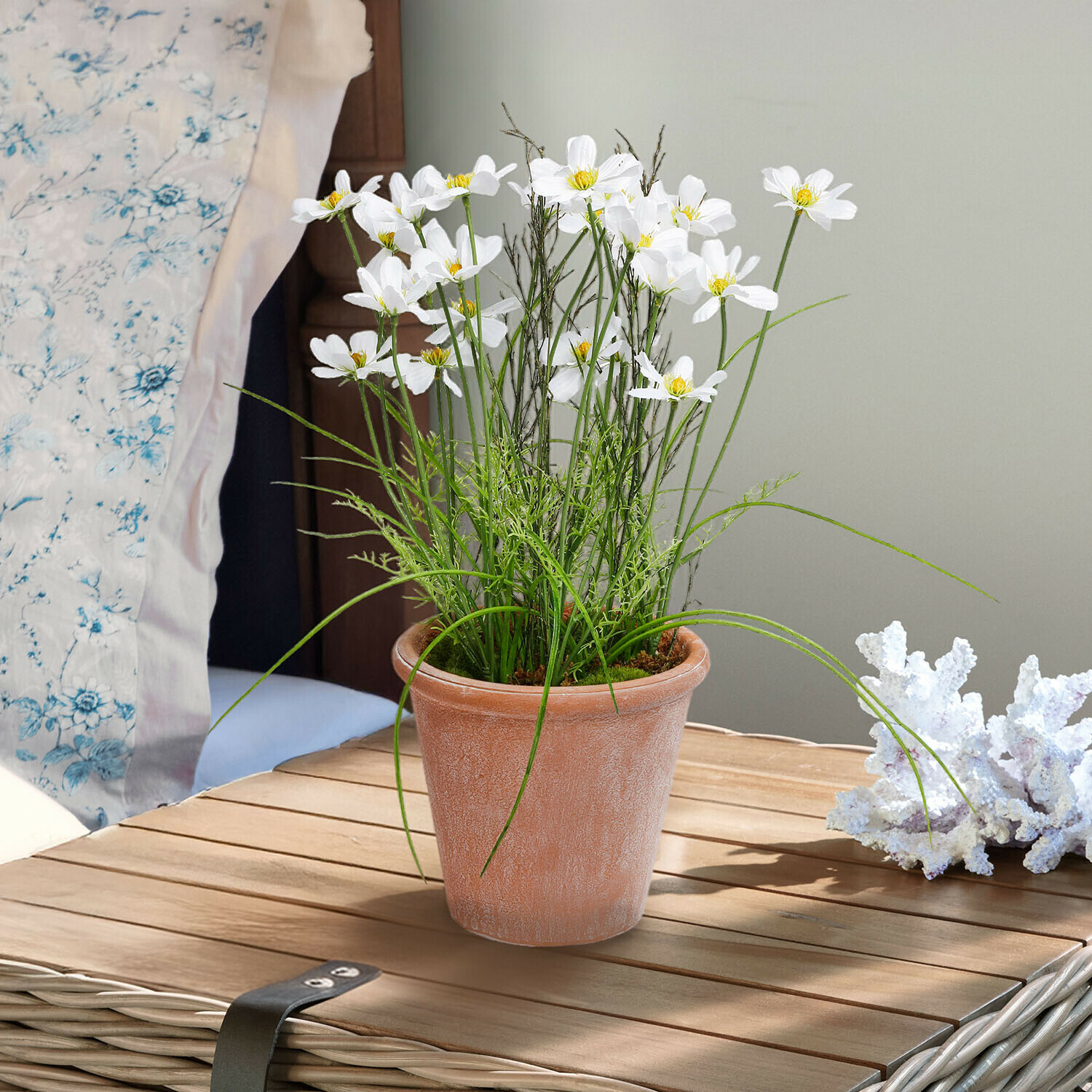 Bílé květy v terakotovém květináči na dřevěném stole, zelené listy, interiérová dekorace