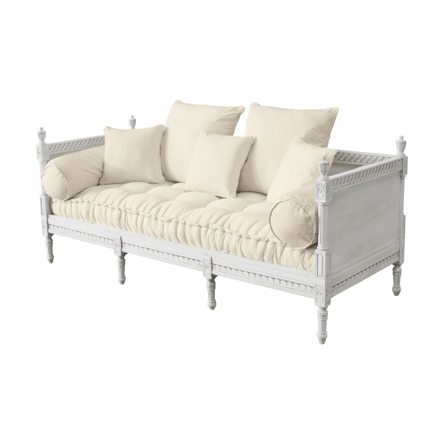 šedá/barva lnu Sofa Douville se šedým lněným potahem a bílým dřevěným rámem, elegantní nábytek do obýváku