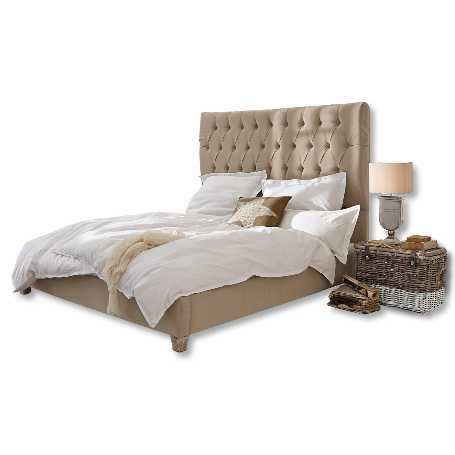 Postel Benton s béžovým lněným potahem a prošívaným čelem, elegantní nábytek do ložnice