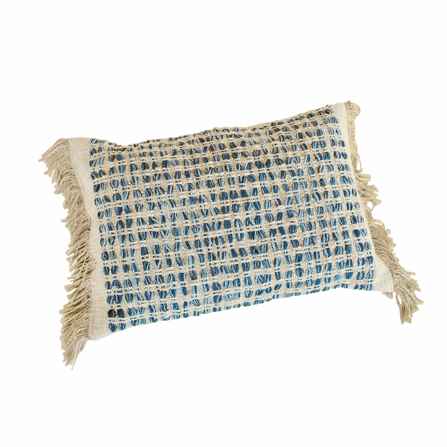 Povlak na polštářek Monrovie Obdélníkový dekorativní polštář z bavlny v béžovo-modré kostce s třásněmi, boho styl