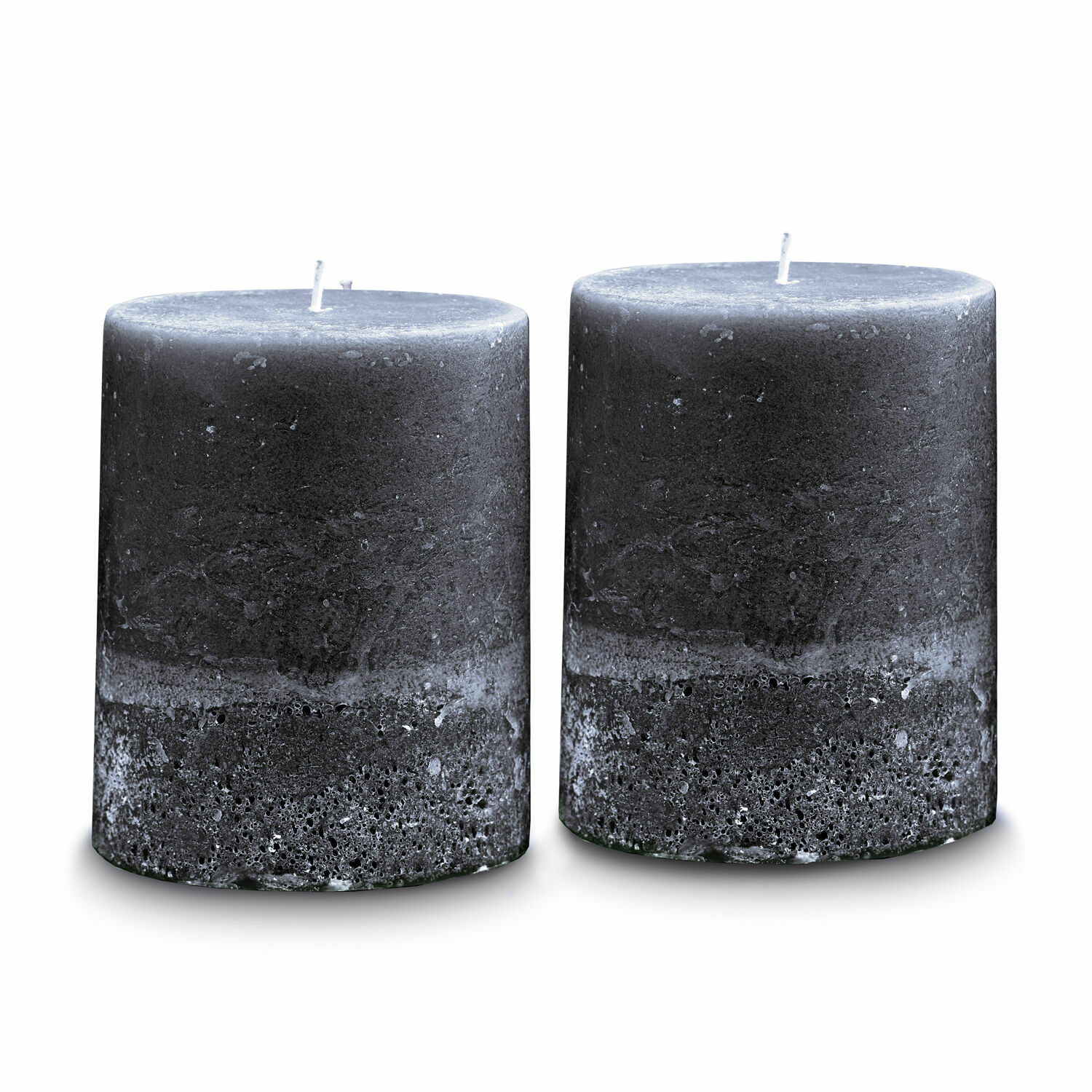 Sada dvou antracitových svíček Oviedo z vosku s rustikální texturou pro domácí dekoraci