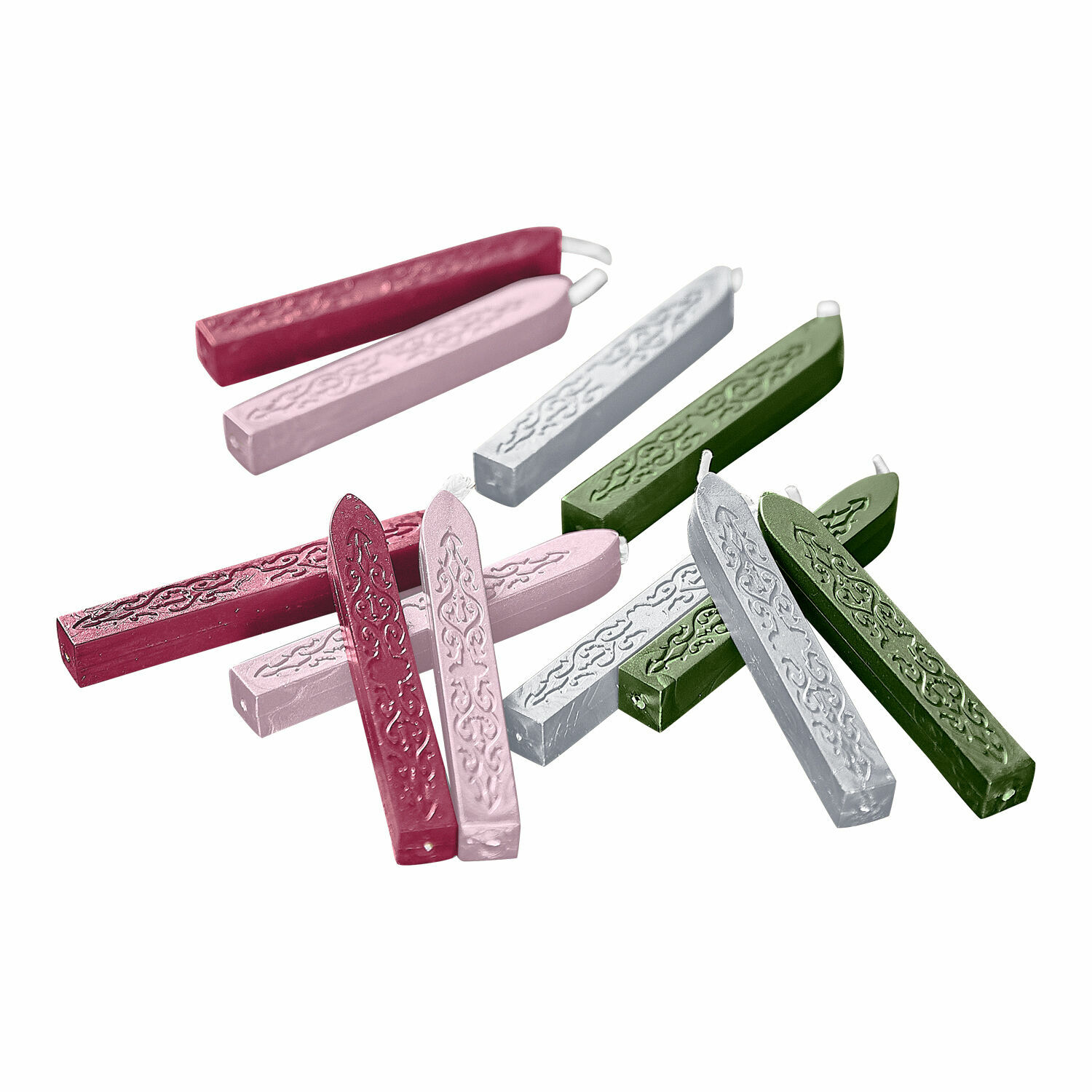 Sada 12 barevných pečetních vosků s ozdobným vzorem, vhodná pro dekorace a řemesla