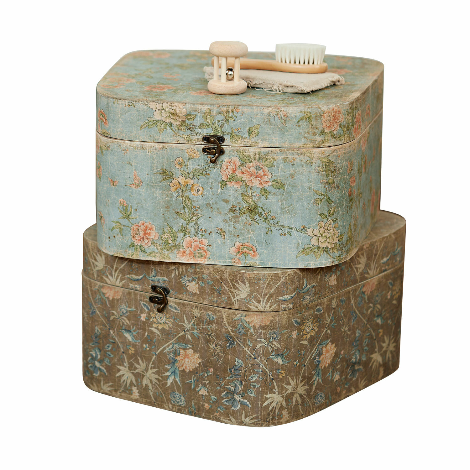 Úložné boxy, 2dílná sada Mafleur Dvě dekorativní krabice s květinovým vzorem v modré a hnědé barvě, vintage styl