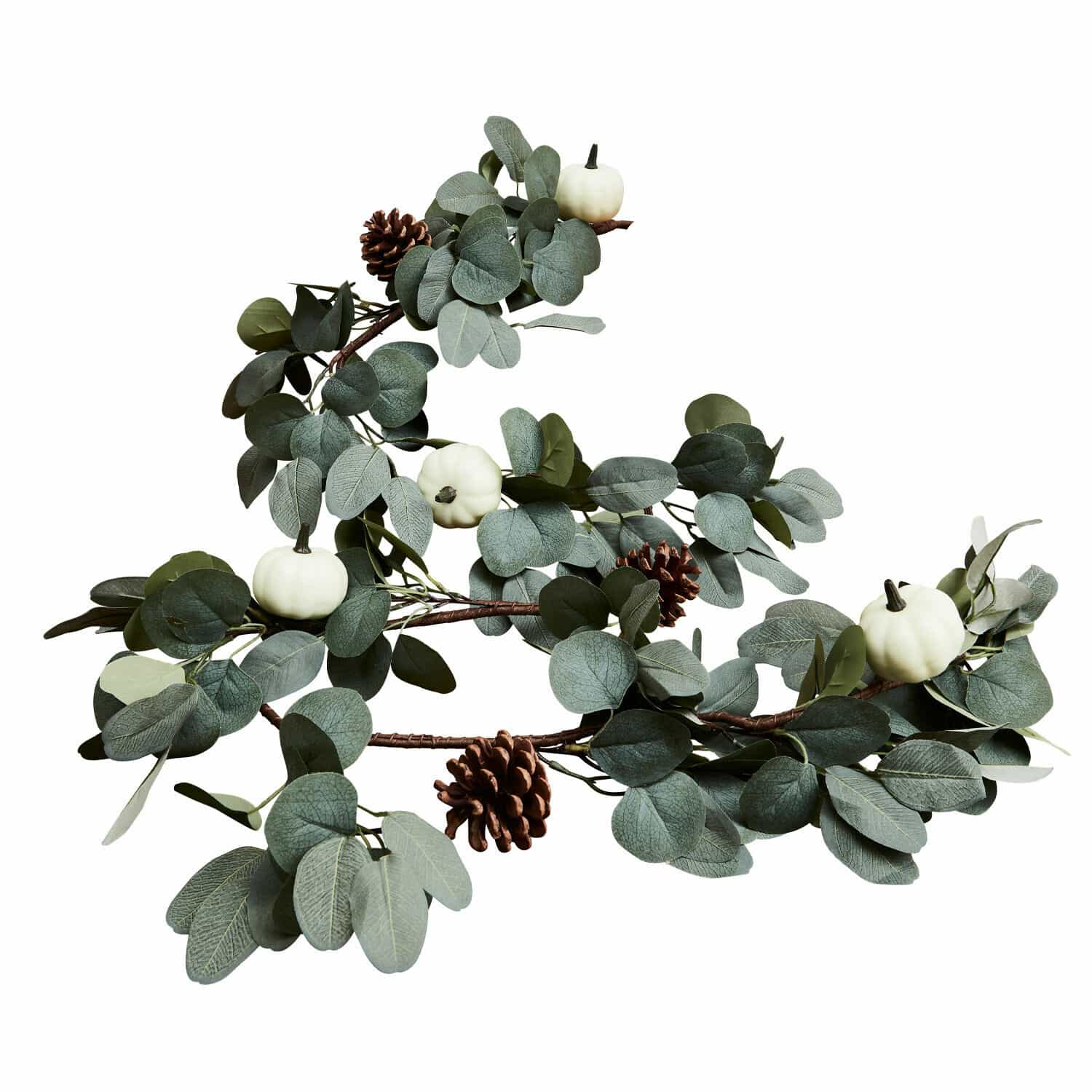 Girlanda Belfays Dekorativní girlanda s listy eukalyptu, bílými dýněmi a šiškami v zeleno-hnědých odstínech