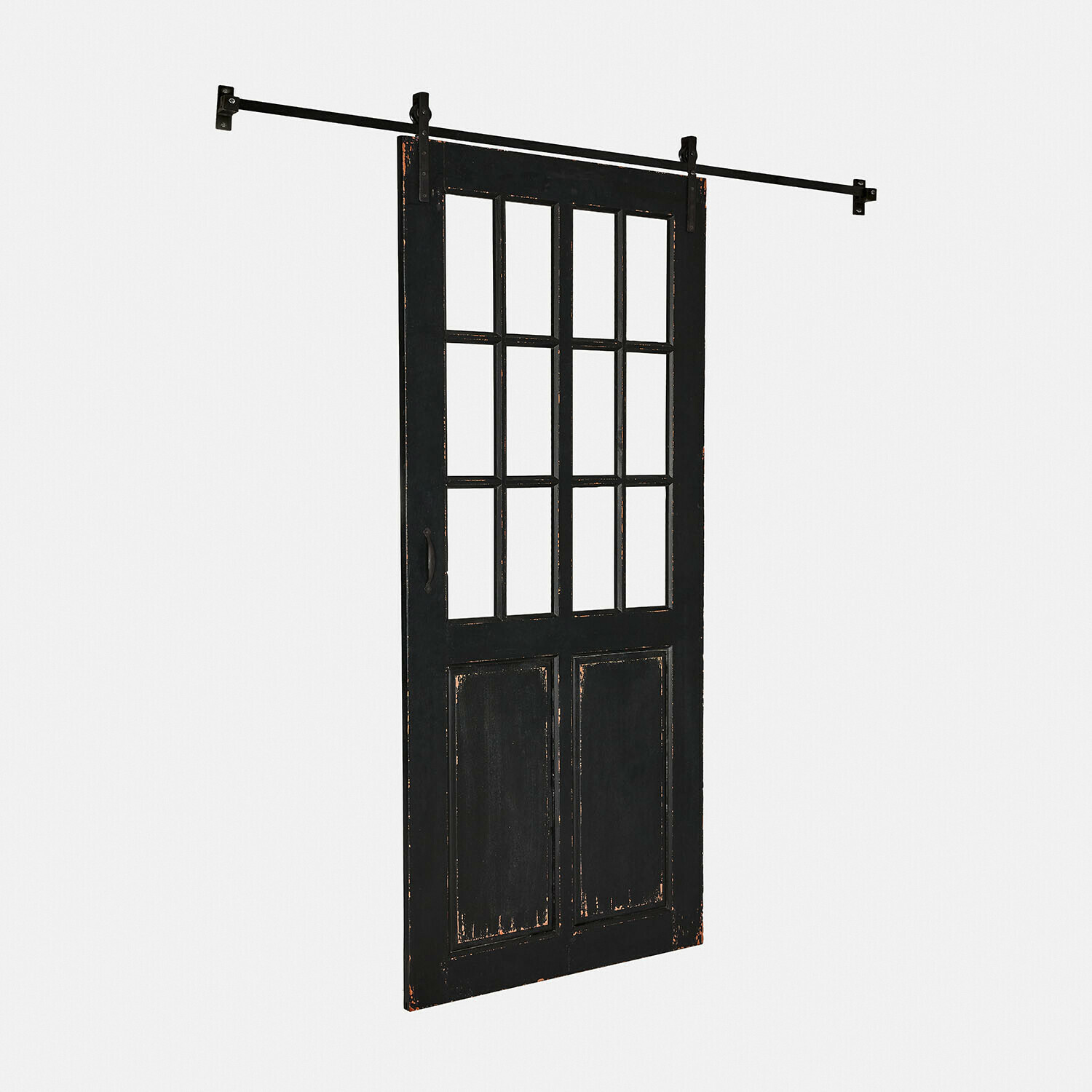 Černé posuvné dveře Sorelles z patinovaného dřeva s prosklenými panely do interiéru