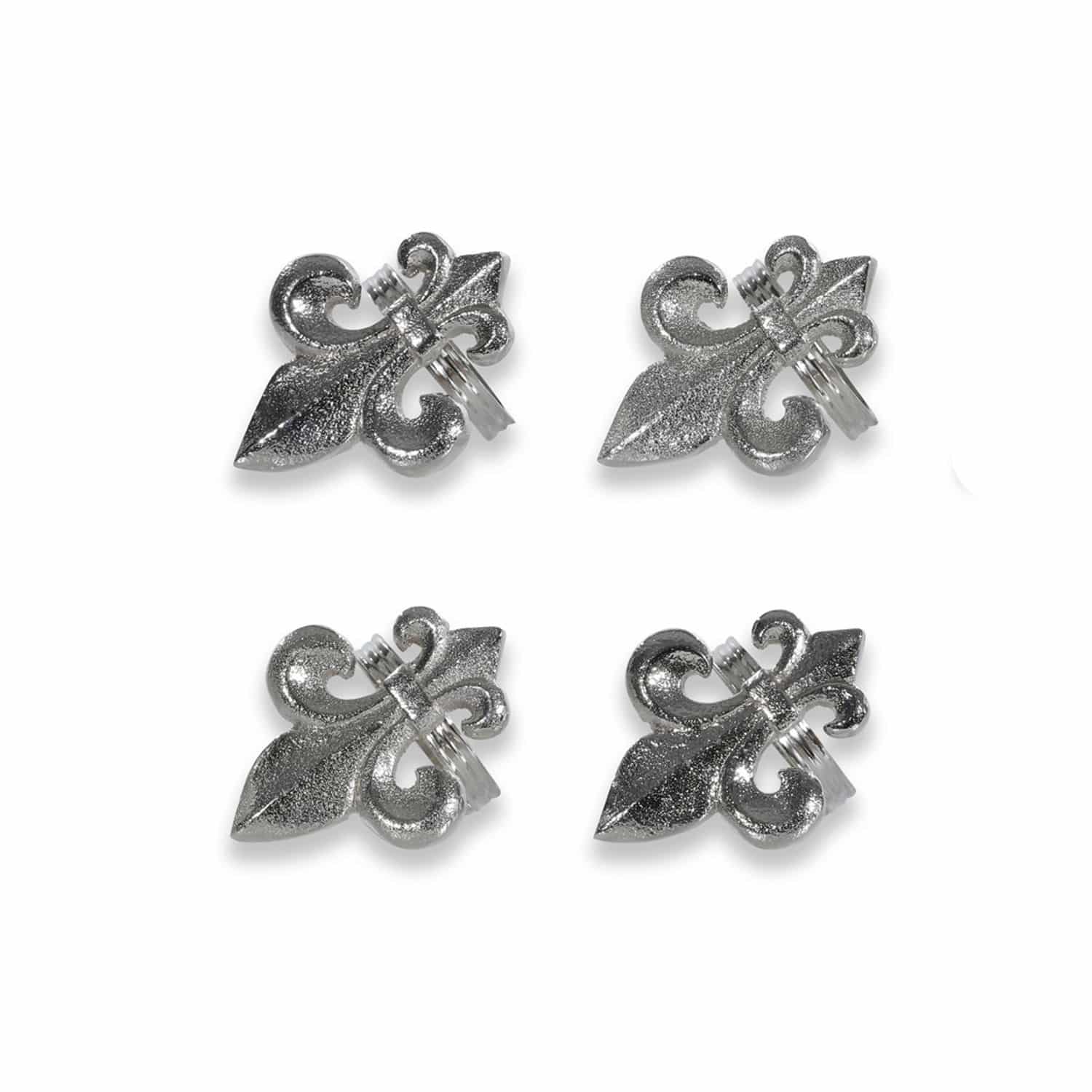 Kroužek na ubrousky, 4dílná sada Fleur De Lis Sada čtyř stříbrných kovových ozdobných spon ve tvaru lilie pro domácí dekoraci