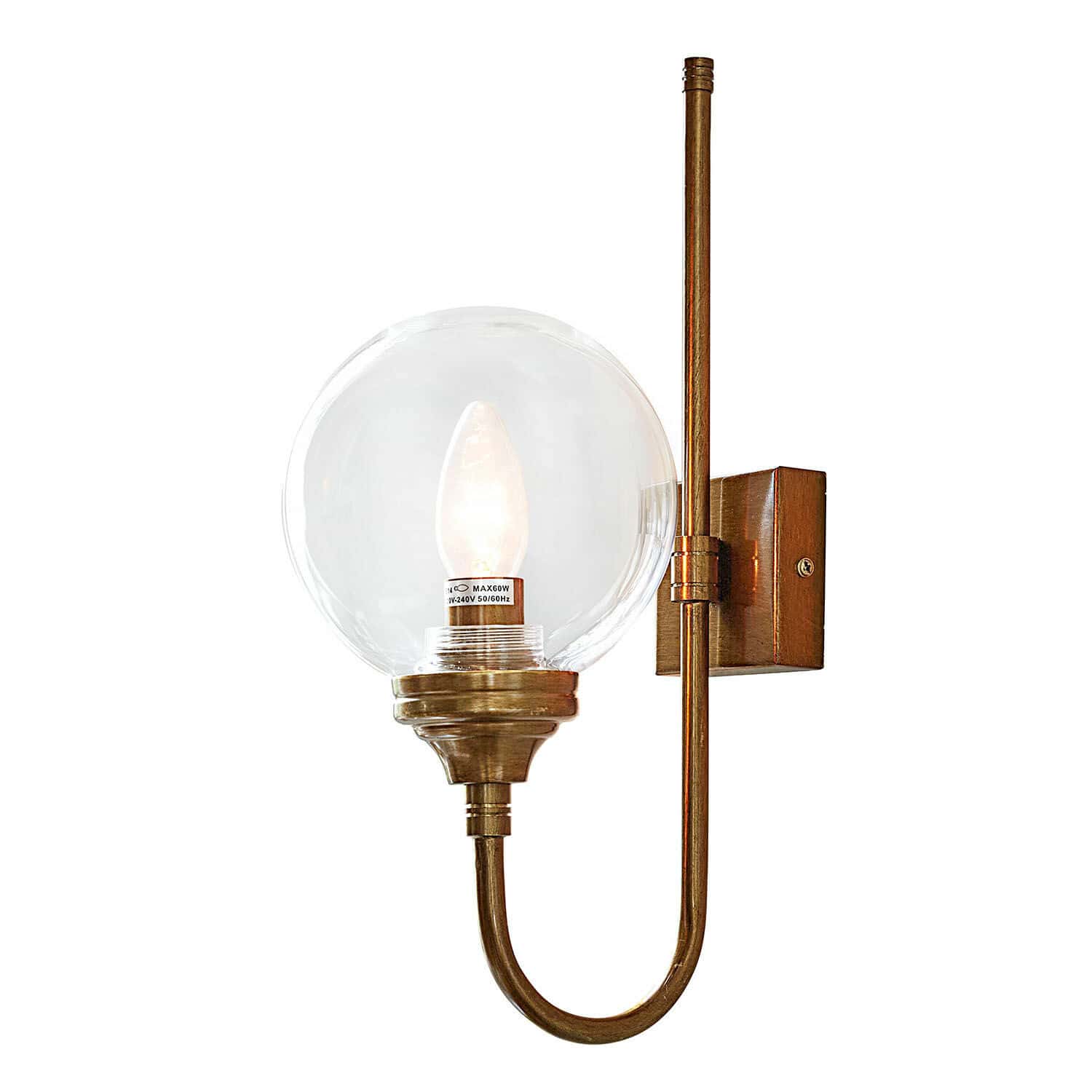 Nástěnná lampa Anthé Nástěnné svítidlo z mosazi s průhlednou skleněnou koulí a LED žárovkou pro interiérový design