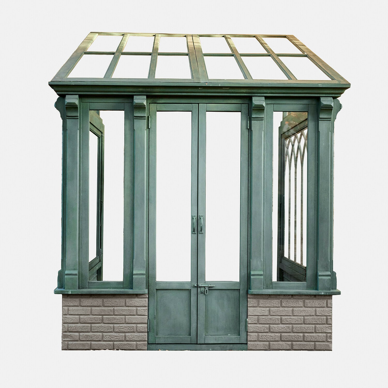 Zelený skleník s kovovým rámem a cihlovým základem, vhodný pro zahradu a pěstování rostlin