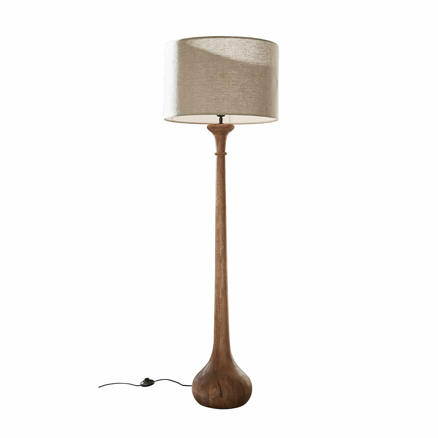 Stojací lampa Andrées Stojací lampa s dřevěnou základnou a béžovým stínidlem, moderní design do obýváku