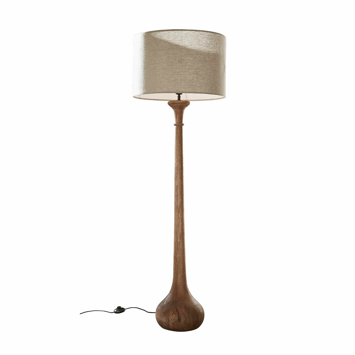 Stojací lampa Andrées Stojací lampa s dřevěnou základnou a béžovým stínidlem, moderní design do obýváku