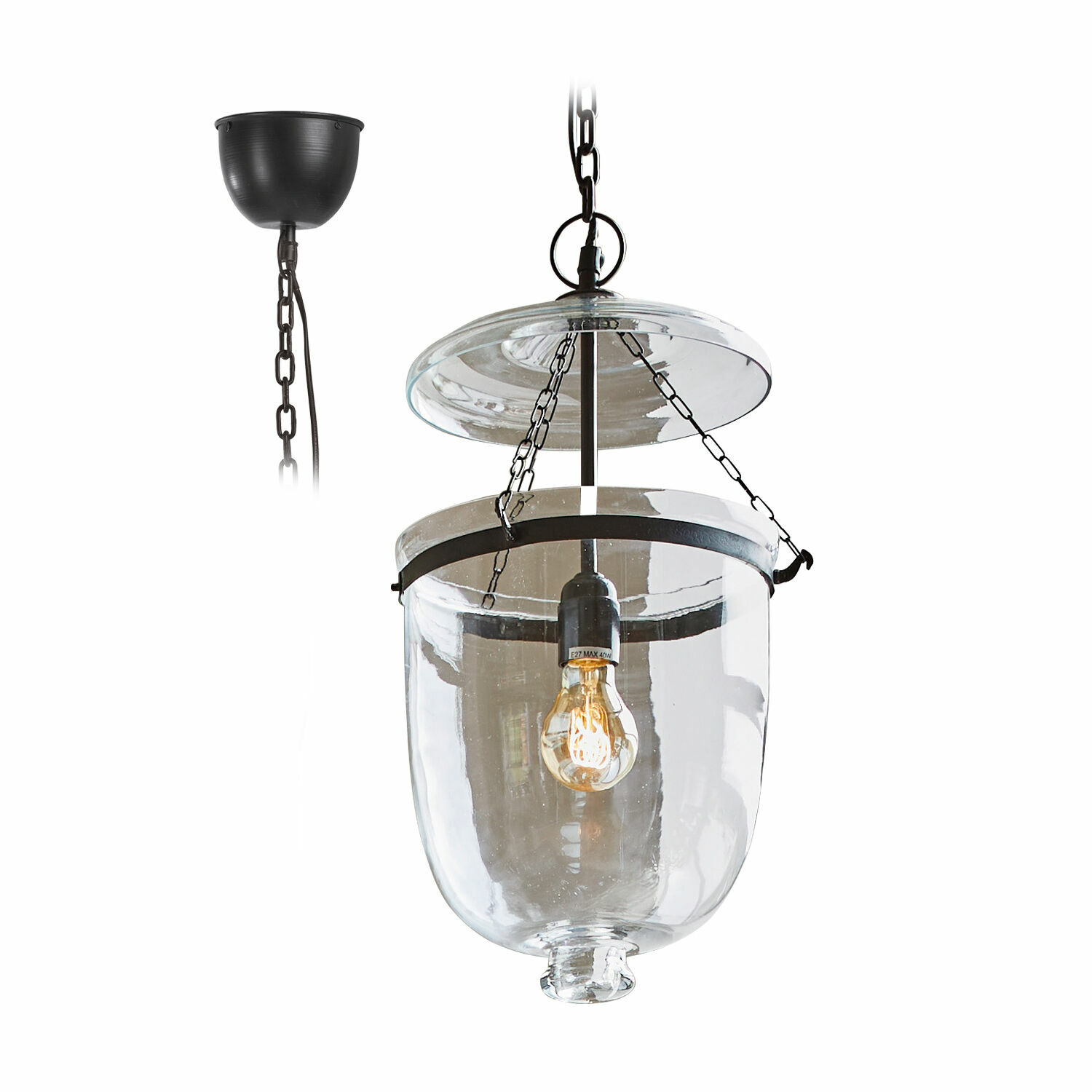Závěsná lampa Lanta Závěsná skleněná lampa s černým kovovým řetězem a průhledným stínidlem, dekorativní osvětlení interiéru