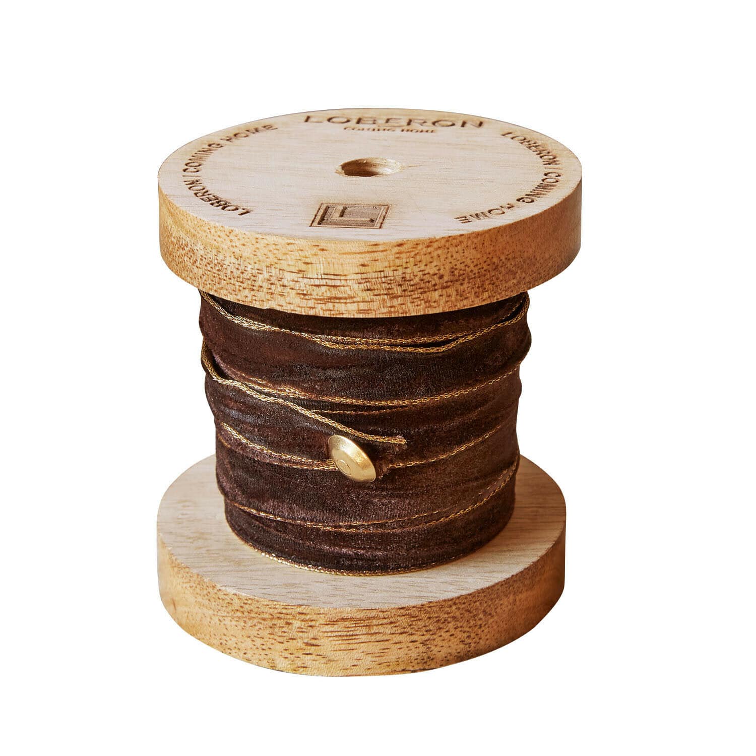 Tmavě hnědá sametová stuha Sorima se zlatými detaily na dřevěné cívce, dekorativní páska na tvoření