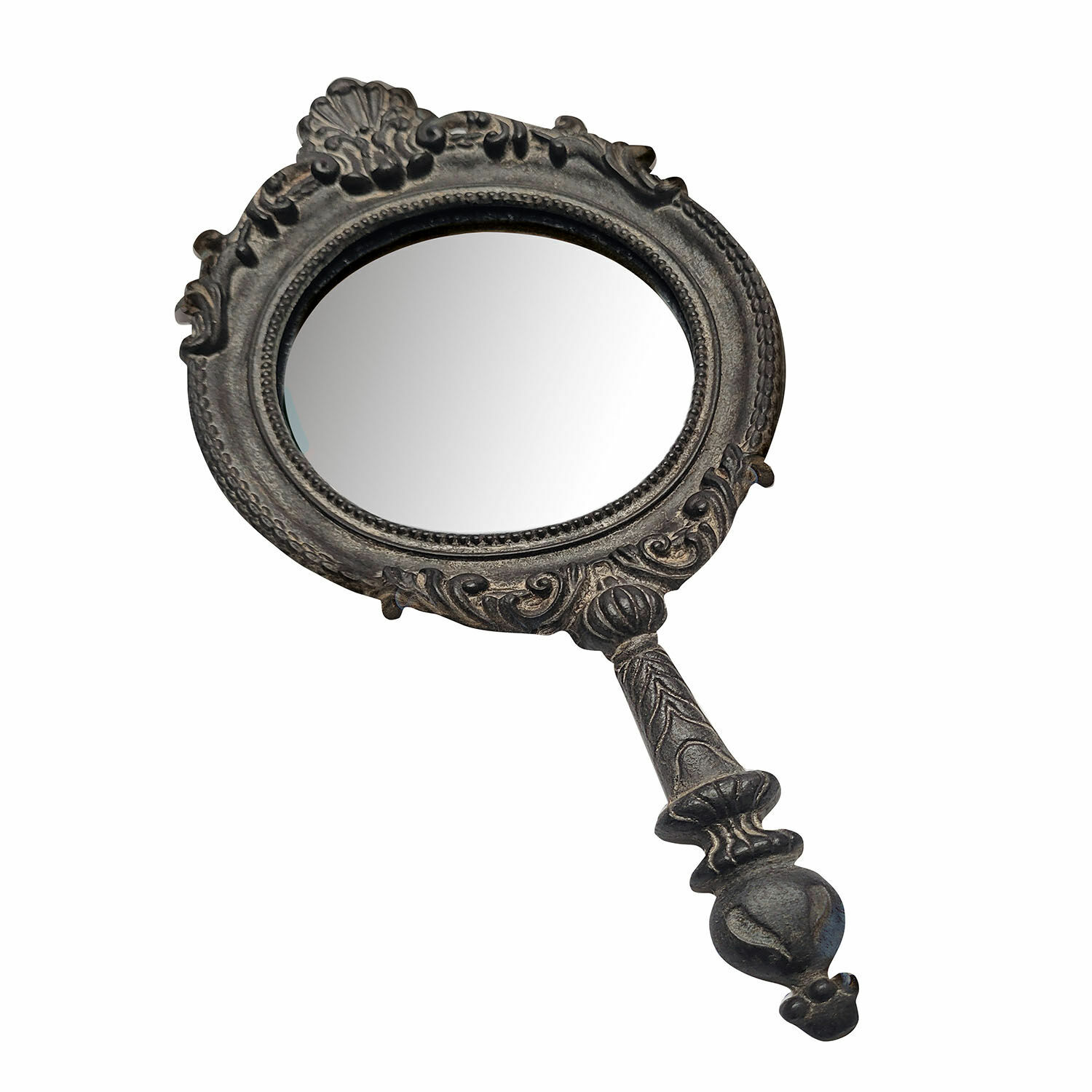 Antický ruční zrcátko v antik šedé barvě s ozdobným kovovým rámem pro dekoraci a líčení