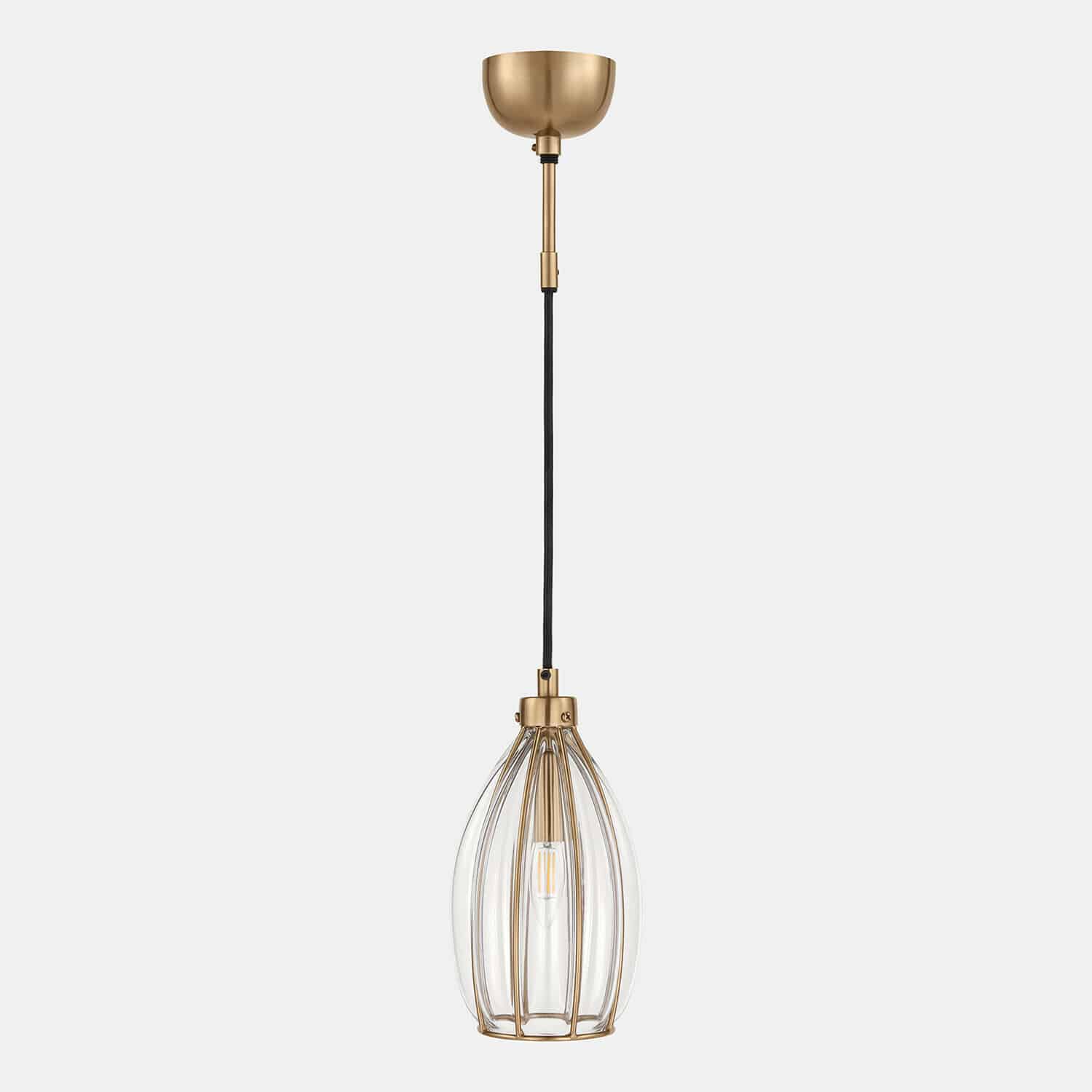 Závěsná lampa Velunas Zlaté závěsné svítidlo z kovu s klecí a průhledným sklem, moderní stropní osvětlení