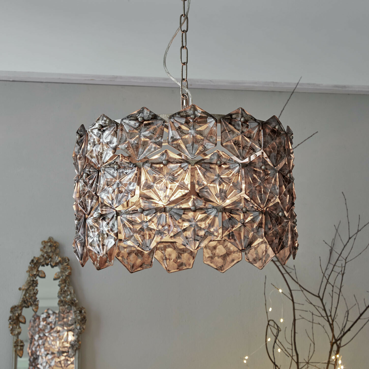Lustr Émirelle Závěsná lampa z průhledného skla s geometrickým vzorem, dekorativní stropní svítidlo do obývacího pokoje