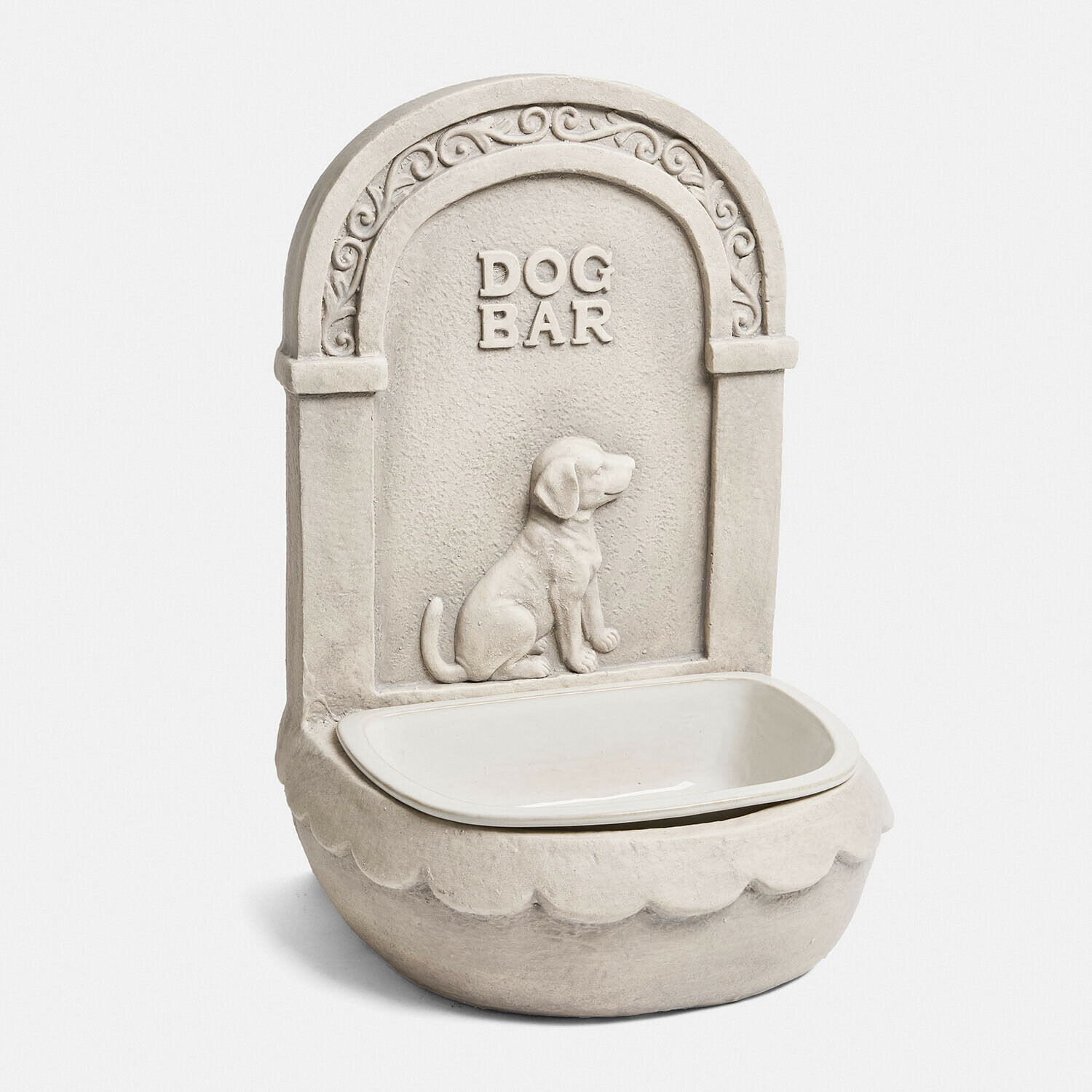 Miska na vodu pro psa Joravena Světle šedá kamenná miska pro psy s nápisem DOG BAR a reliéfem psa, keramická miska