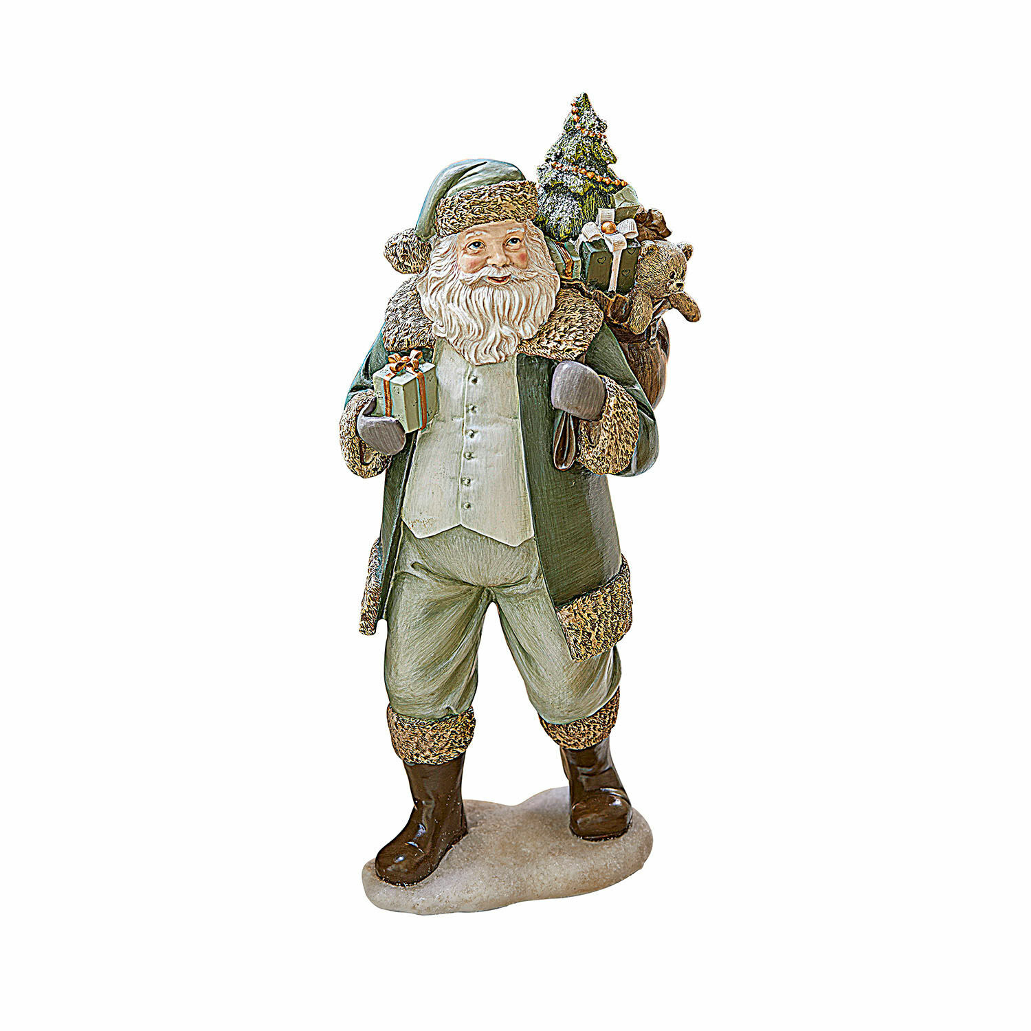 Dekorační Santa Claus Douilly Figurka Santa Clause v zeleném kabátě s dárky a medvídkem na zádech, vánoční dekorace
