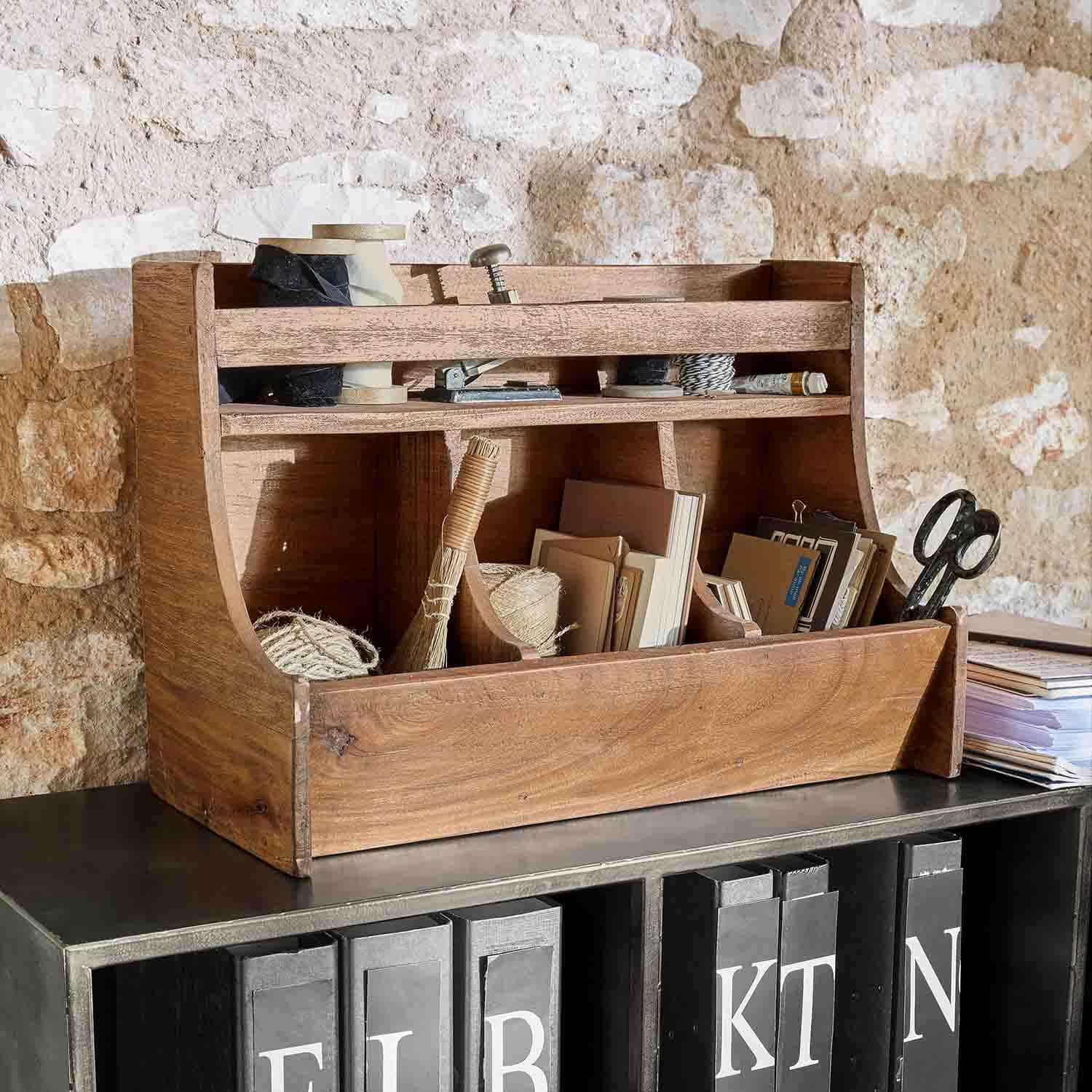 Dřevěný organizér na stůl s přihrádkami na dokumenty a kancelářské potřeby, přírodní barva