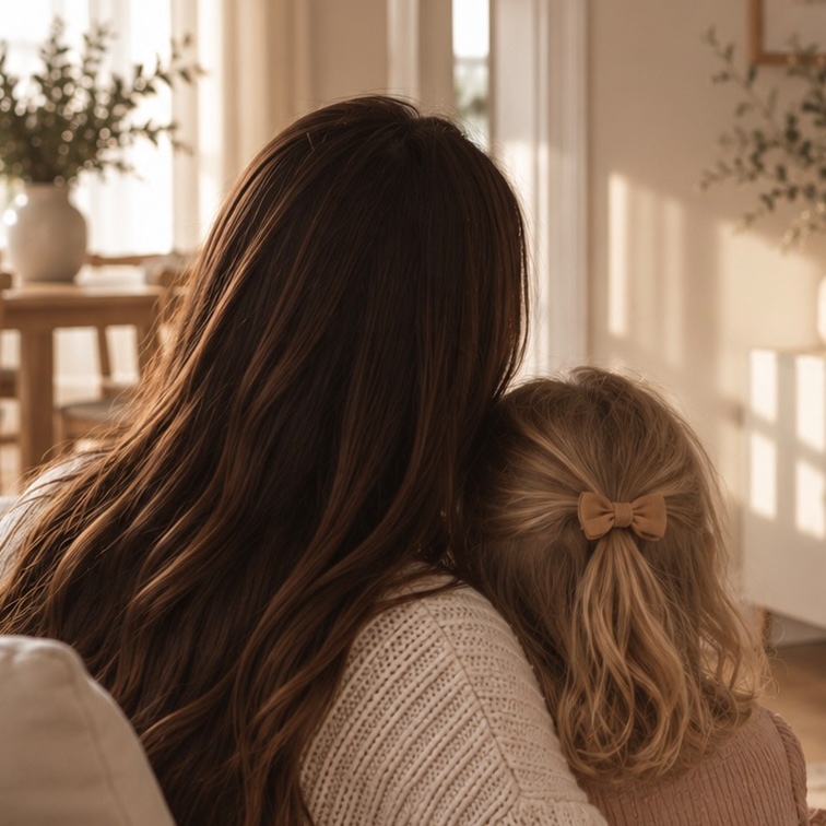Žena s dlouhými hnědými vlasy a dítě s blond vlasy a mašlí v útulném interiéru