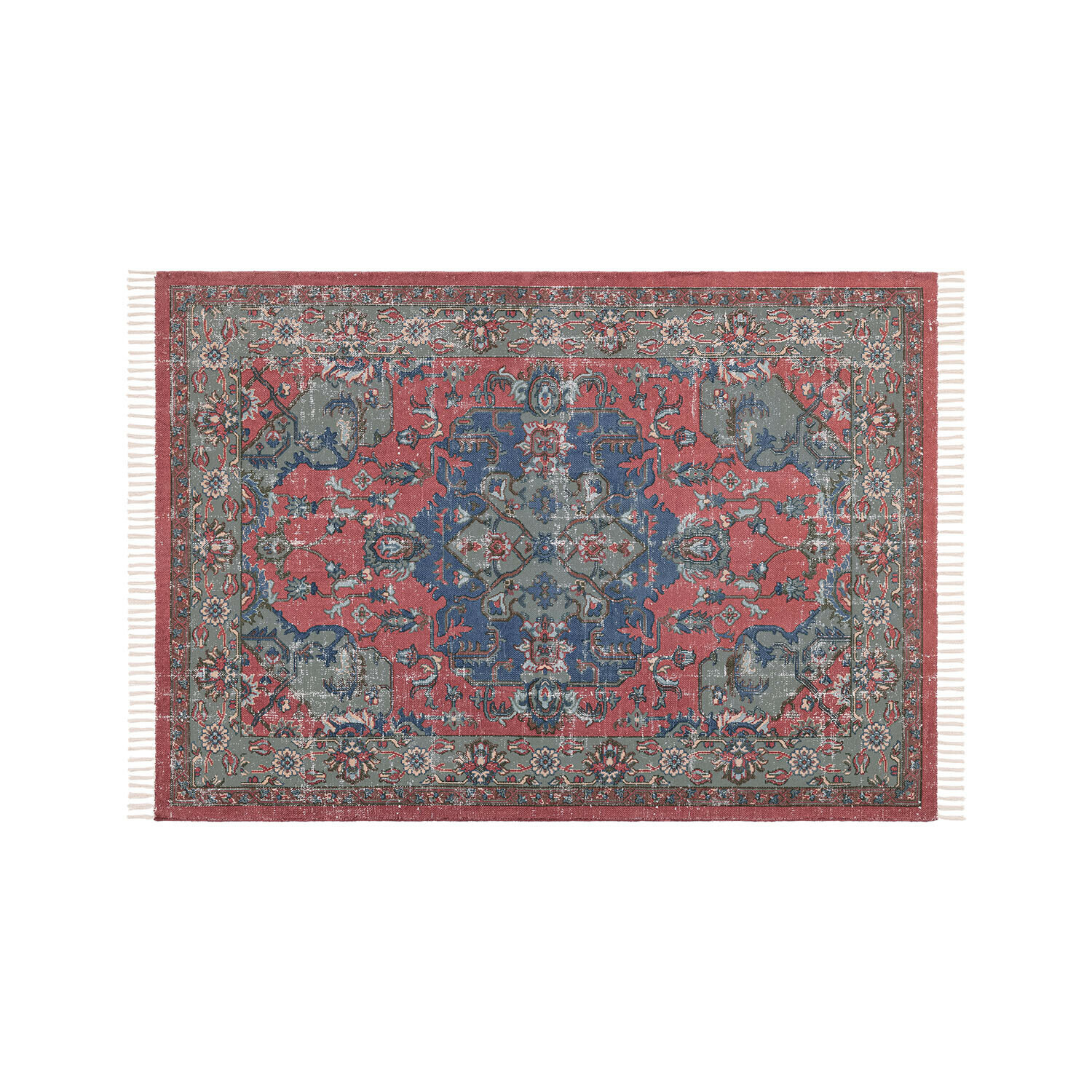 Orientální koberec v červené, modré a zelené barvě s třásněmi, dekorace interiéru