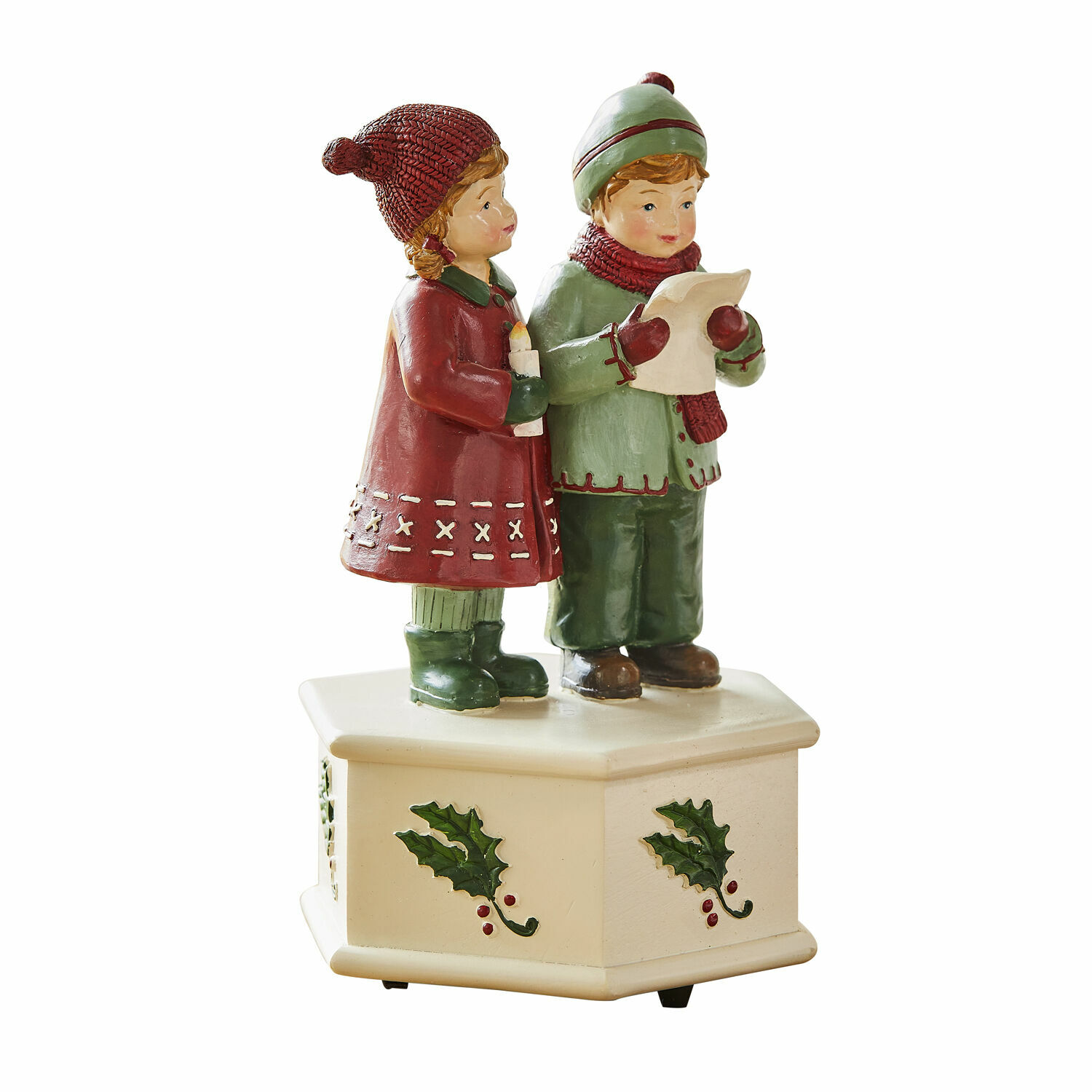 Figurka dětí zpívajících koledy na krémovém podstavci s motivem cesmíny, vánoční dekorace