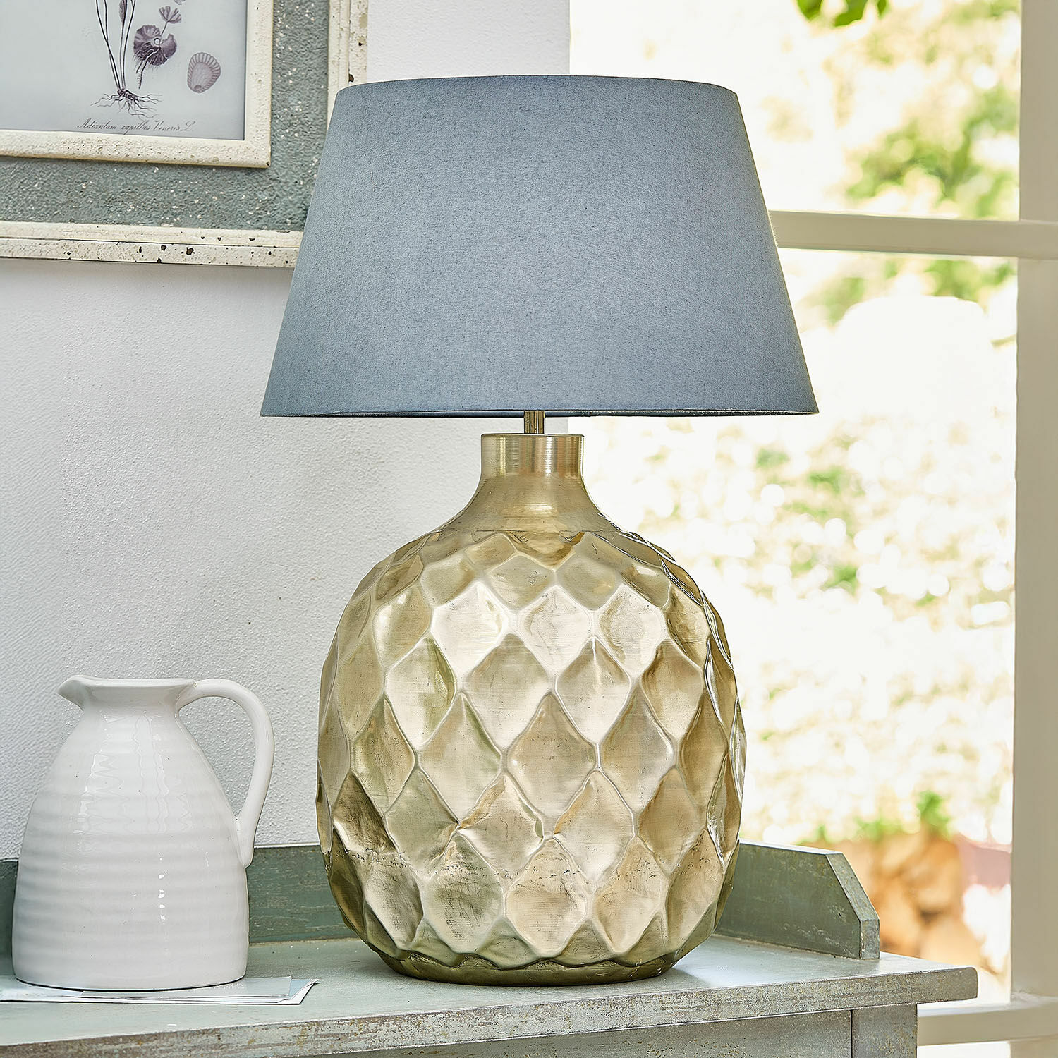 Stolní lampa Maricot Stolní lampa z mosazi s modrým stínidlem, dekorativní lampa do obývacího pokoje