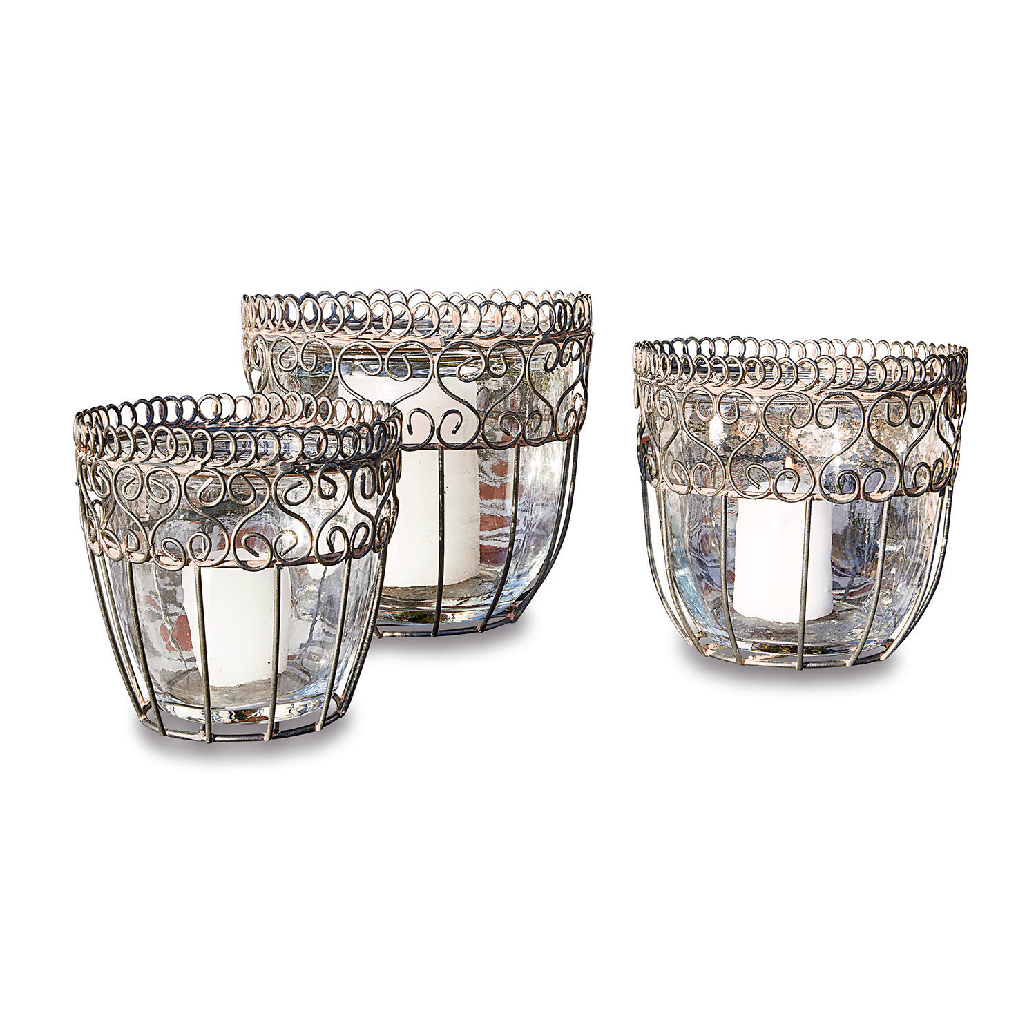 Sada tří skleněných svícnů s ozdobným stříbrným kovovým rámem pro interiérovou dekoraci