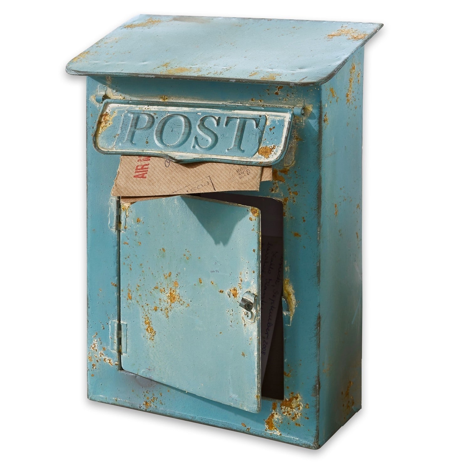 Dekorace – poštovní schránka Boîte Postale Modrá kovová poštovní schránka s viditelnou rzí a otevřenými dveřmi s poštou