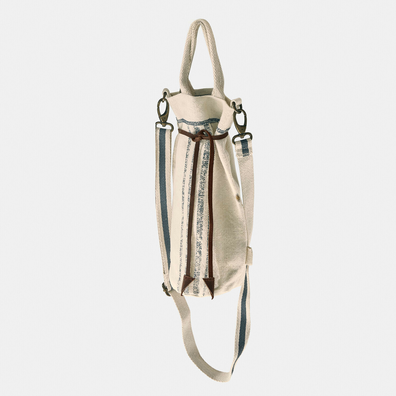 Béžová látková taška s modrými pruhy a hnědým páskem, praktický batoh na každý den