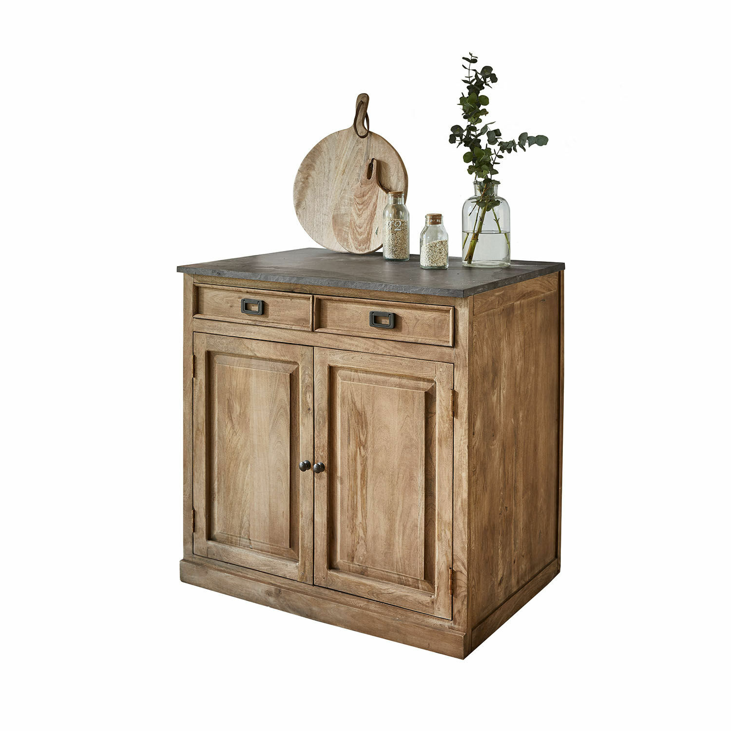 Dřevěná komoda se šedou deskou, dvě zásuvky a dveře, kuchyňské dekorace na vrchu