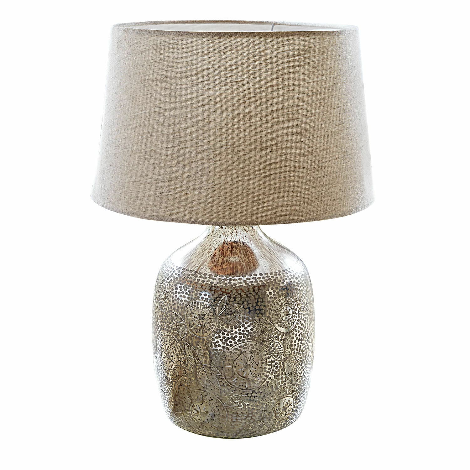 Stolní lampa Leonarda Stolní lampa s béžovým stínidlem a zdobeným hnědým skleněným tělem pro domácí osvětlení