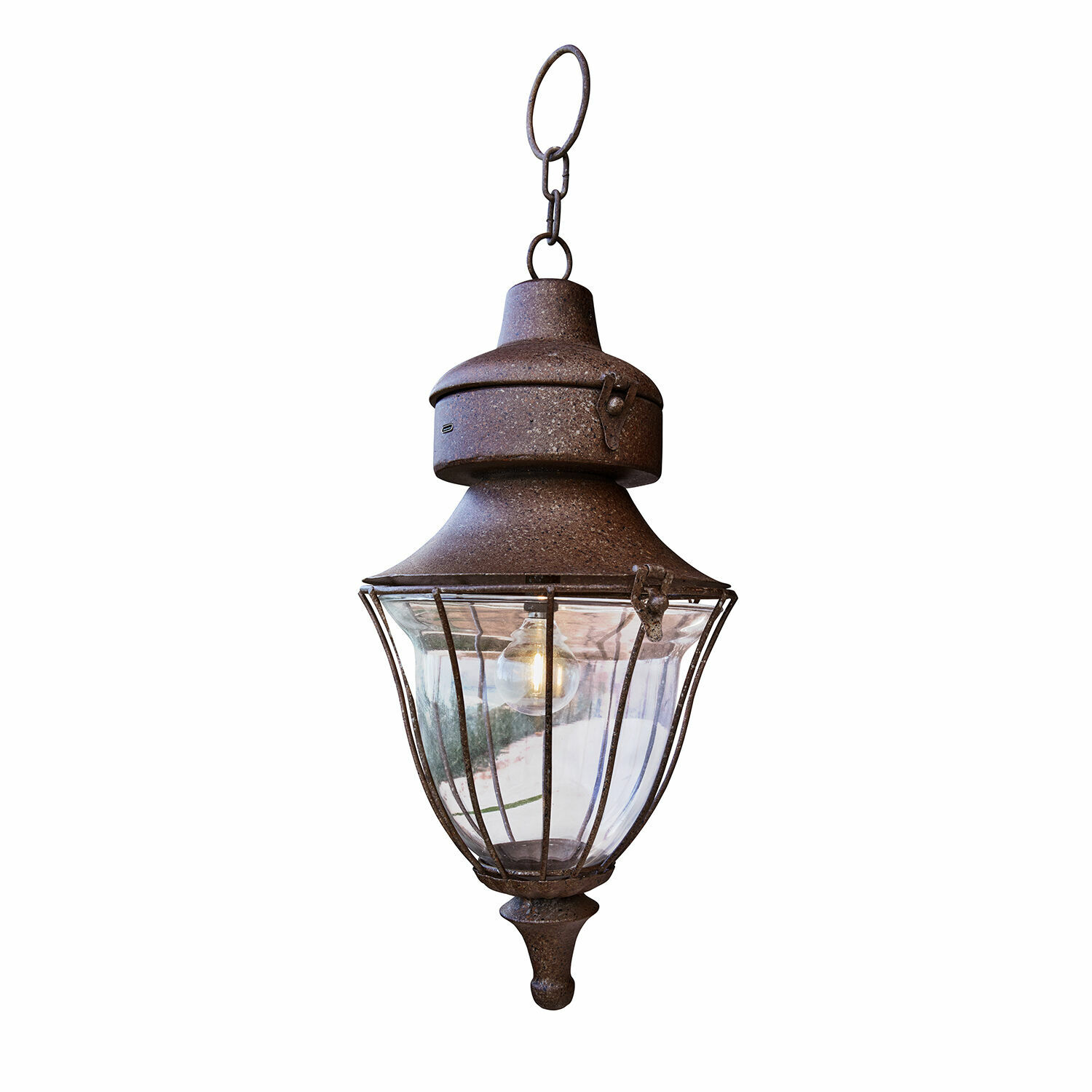 Dobíjecí LED lucerna Gambier Závěsná venkovní lampa z rezavého kovu s průhledným sklem a žárovkou, rustikální osvětlení