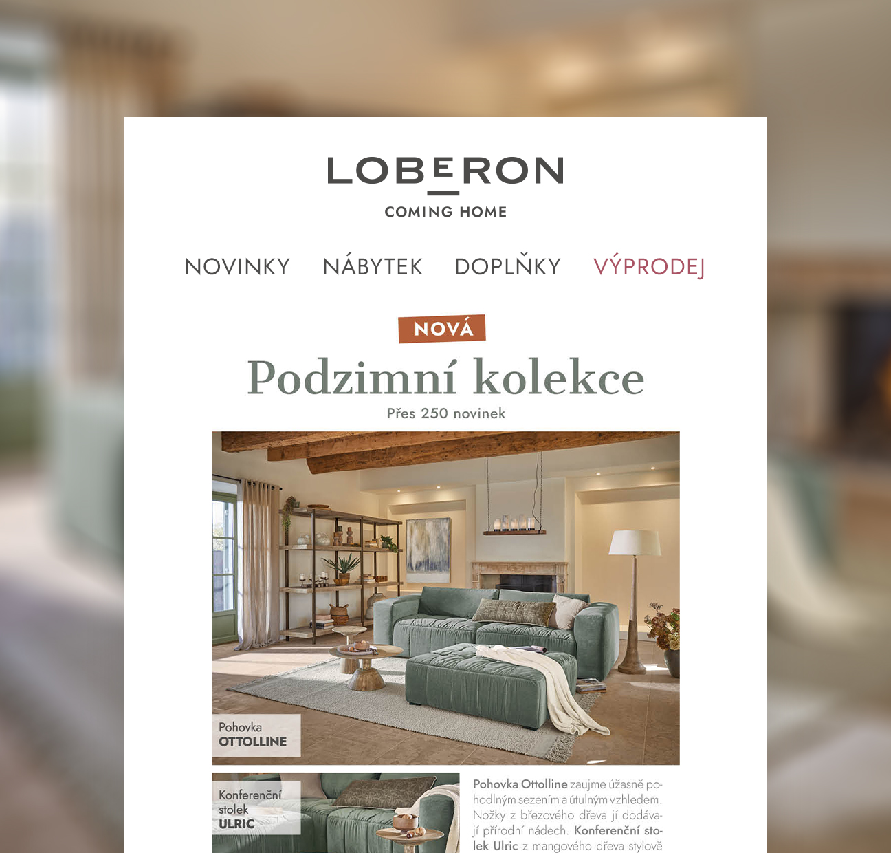 Nová podzimní kolekce se zelenou pohovkou Ottolline a konferenčním stolkem Ulric v útulném obýváku