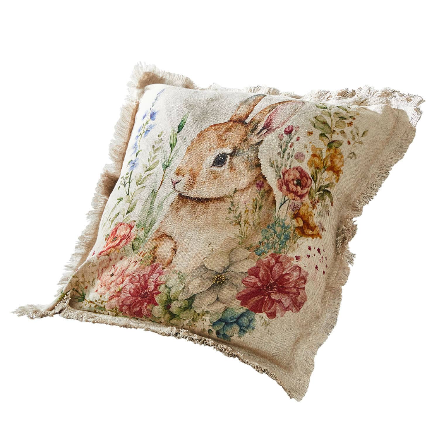 Povlak na polštářek Parélys Béžový lněný polštář s motivem králíka a barevnými květinami, dekorace do obýváku
