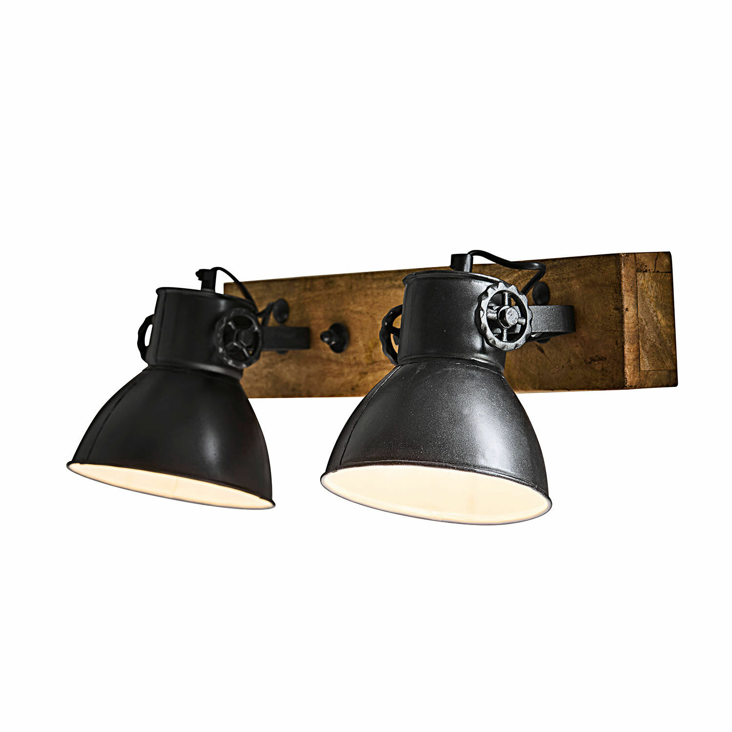 Nástěnná lampa Périgné Černé kovové nástěnné svítidlo se dvěma nastavitelnými stínidly na dřevěném podkladu, průmyslový design