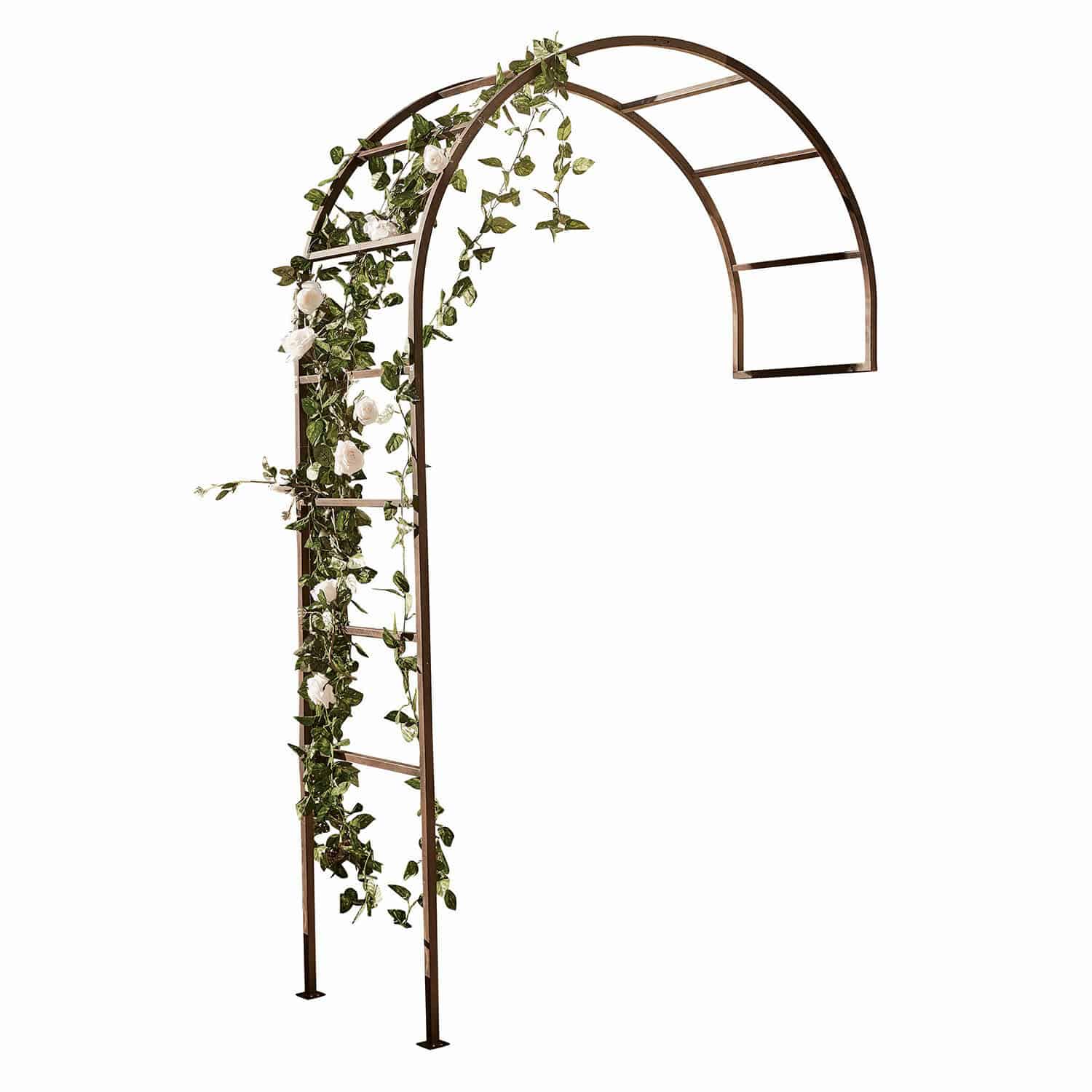 Zahradní oblouk Auburn Hnědá kovová oblouková pergola s zelenými listy a bílými květy pro zahradní dekoraci