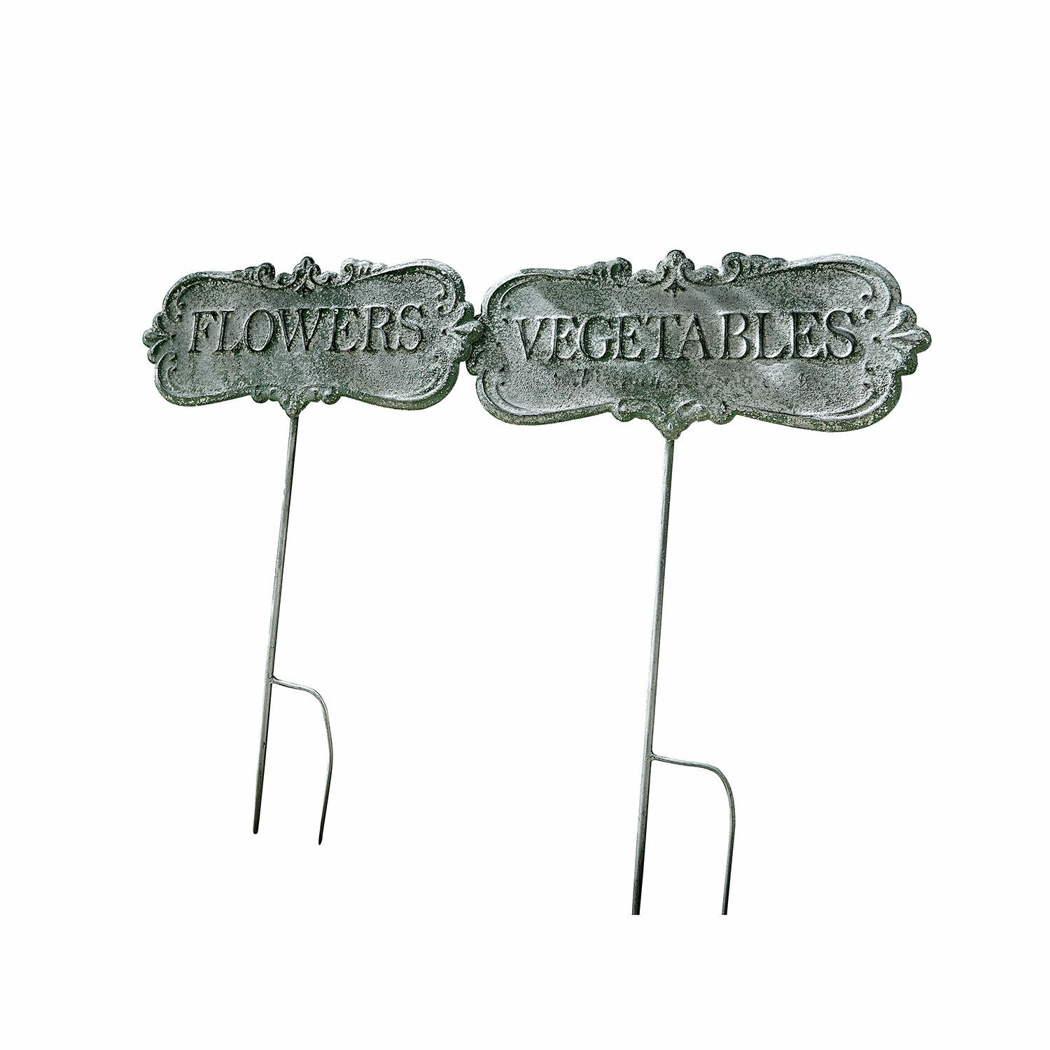 Zahradní zápich, 2dílná sada Flowers & Vegetables Šedé kovové zahradní označení s nápisy Flowers a Vegetables pro rostliny