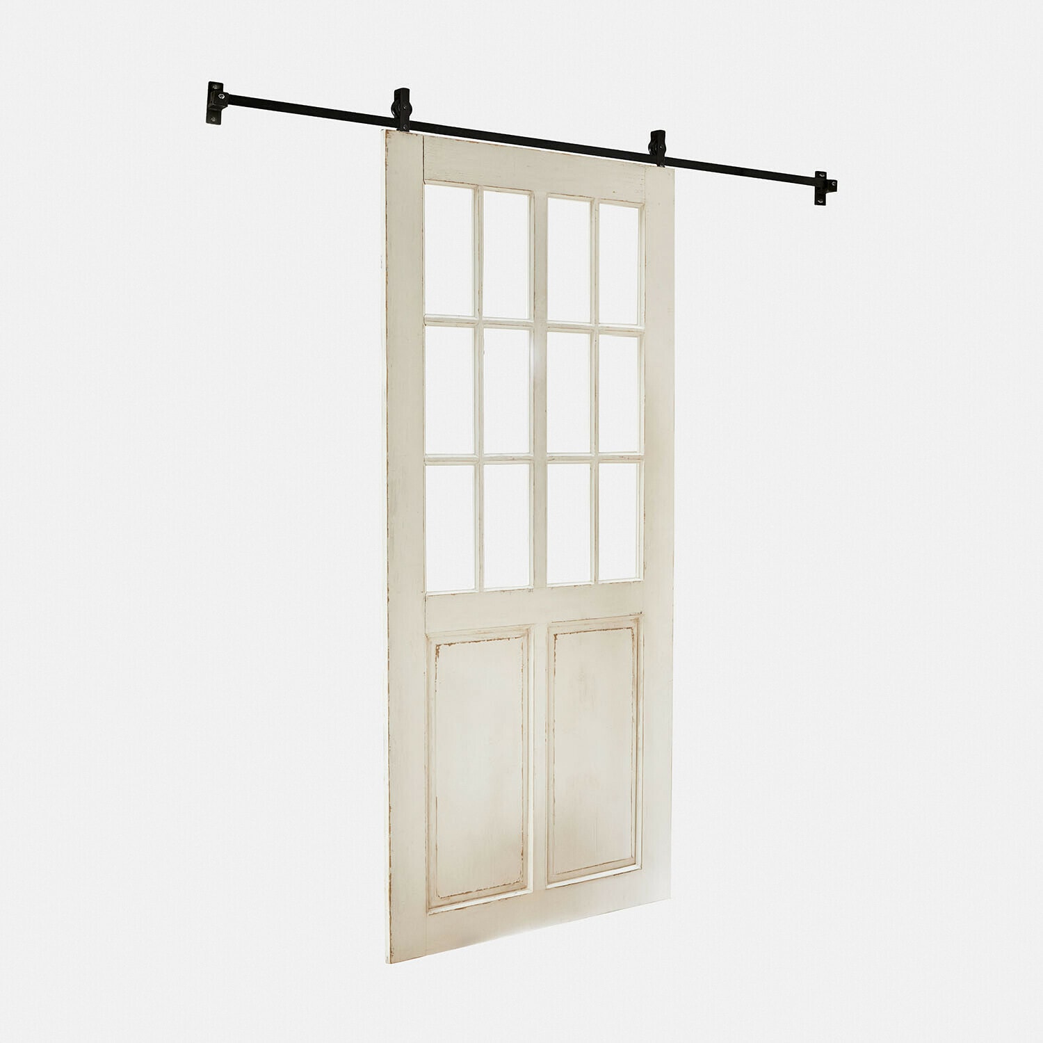 Posuvné dveře Sorelles v antickém bílém provedení s dřevěnými panely a skleněnými výplněmi