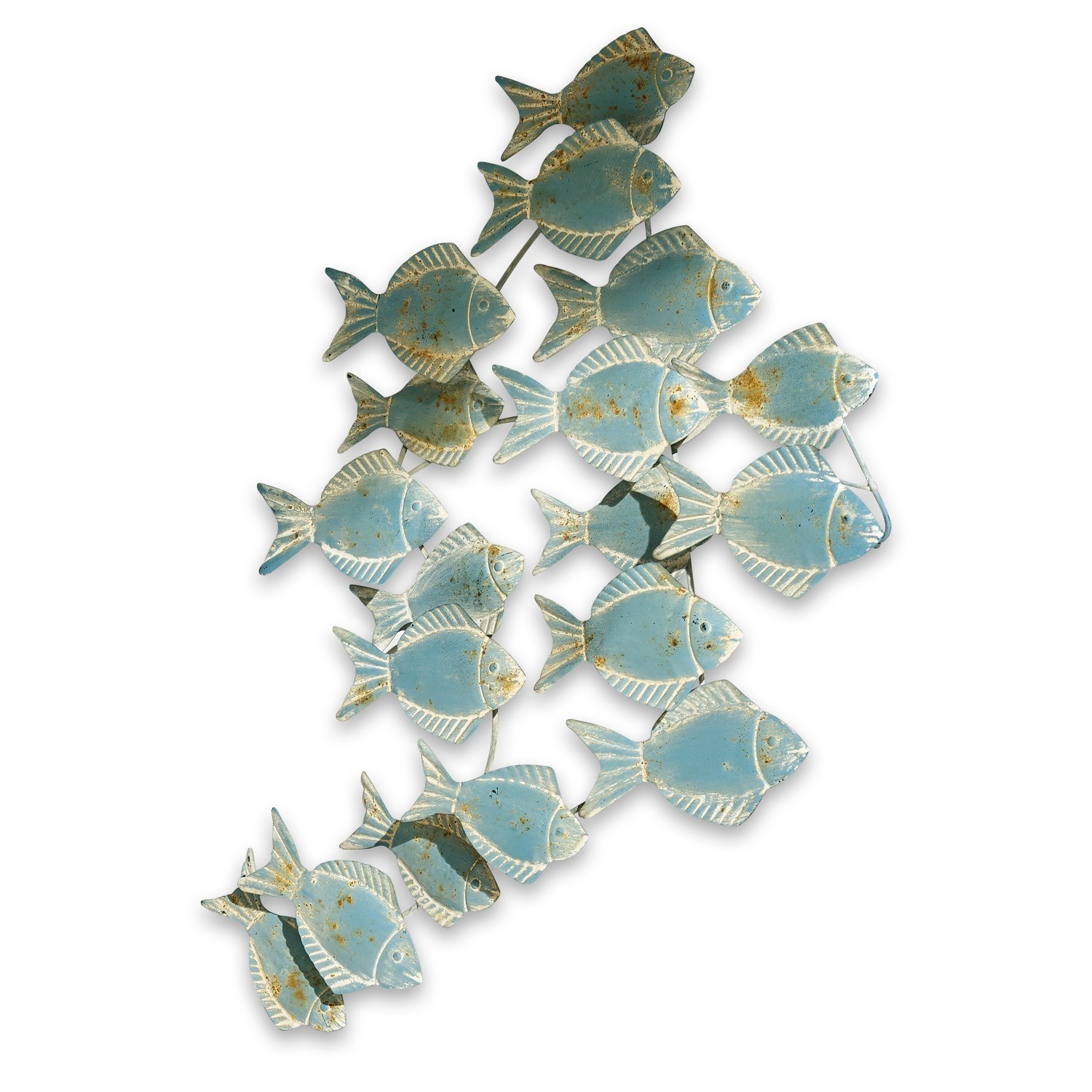 Nástěnný ornament Pesce Nástěnná dekorace z kovu s modrými rybami ve skupině s patinovaným vzhledem