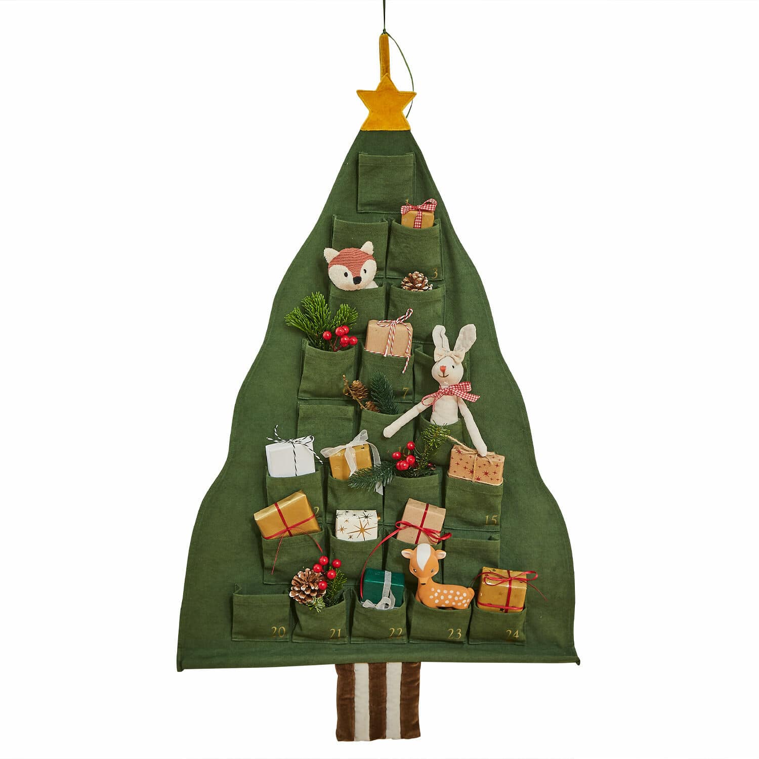 Adventní kalendář Talira Zelený látkový adventní kalendář ve tvaru stromku s kapsami a vánočními ozdobami