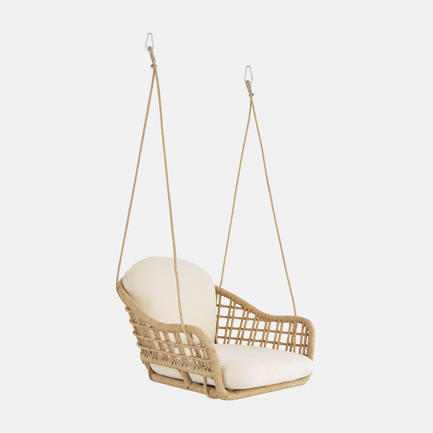 Závěsné křeslo z pleteného lana s krémovým polstrováním, pohodlný zahradní nábytek