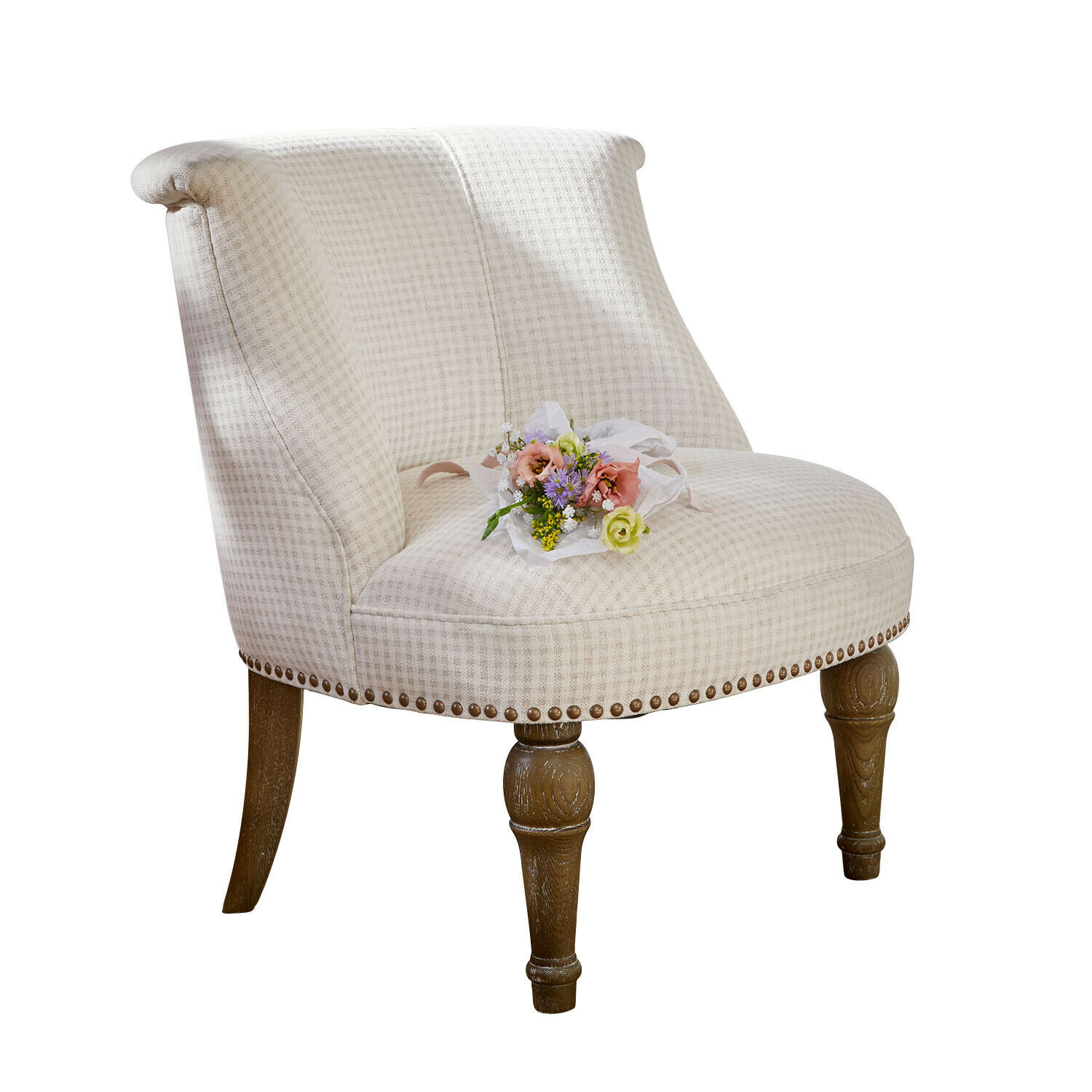 béžová/hnědá Béžové křeslo Francet z kostkované látky s hnědýma dřevěnýma nohama, elegantní nábytek do obýváku
