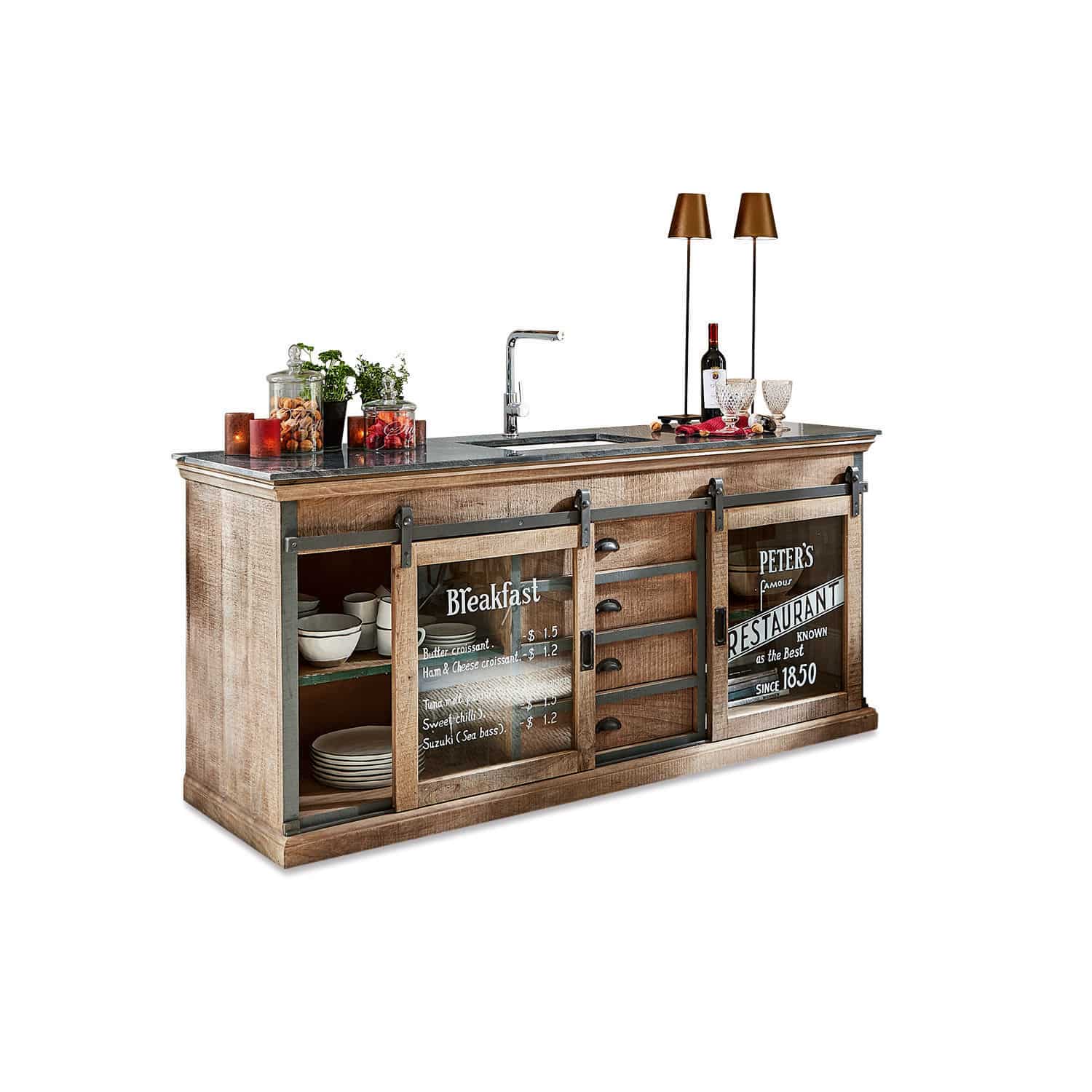 Dřezová skříňka Holbrook Dřevěný kuchyňský ostrůvek s černou deskou a skleněnými dveřmi s potiskem snídaňového menu