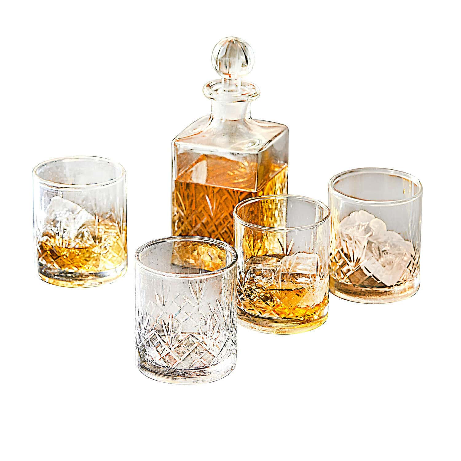 Karafa se sklenicemi, 4dílná sada Kerrington Sada křišťálové karafy a čtyř sklenic s whisky a ledem, průhledné ryté sklo
