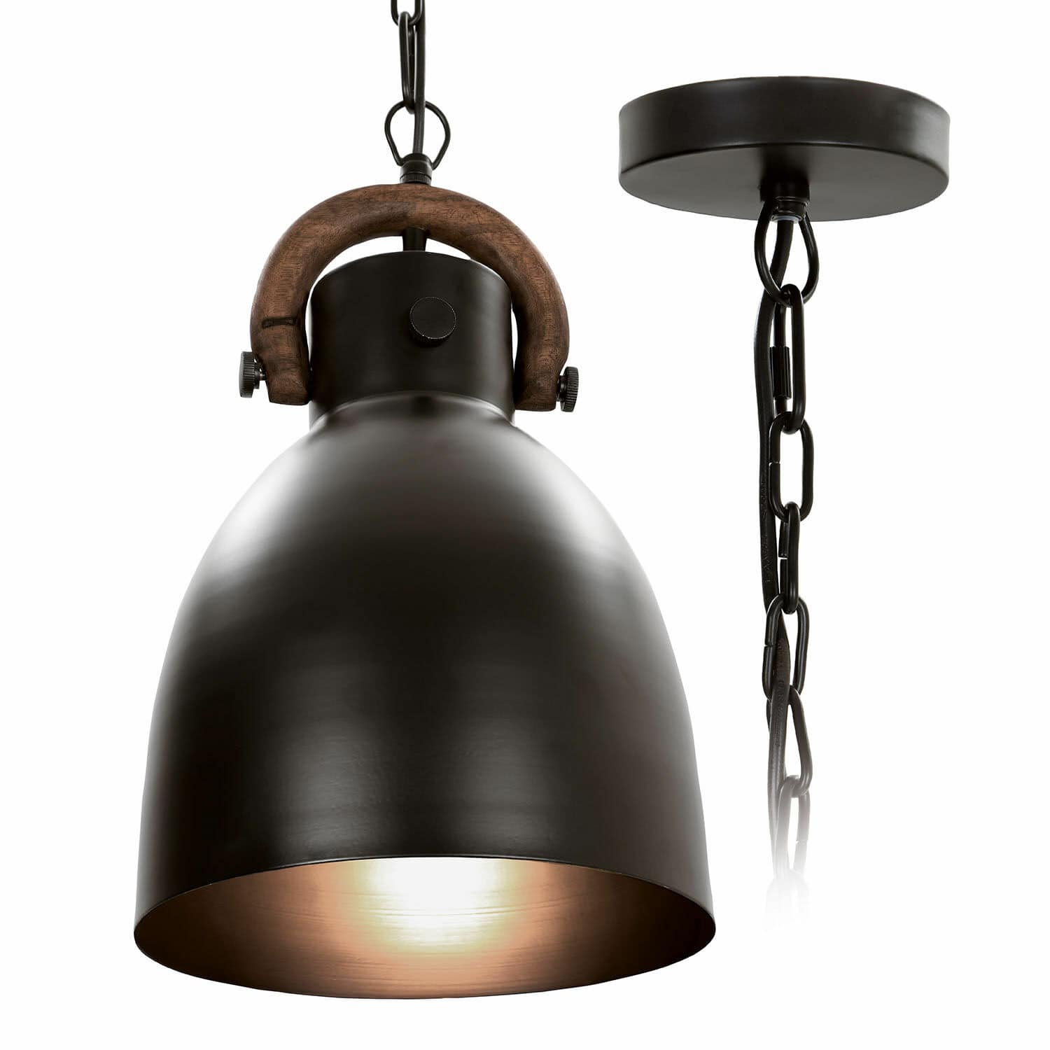 Závěsná lampa Walcote Černé kovové závěsné svítidlo s dřevěnou rukojetí a řetězem, průmyslový design osvětlení