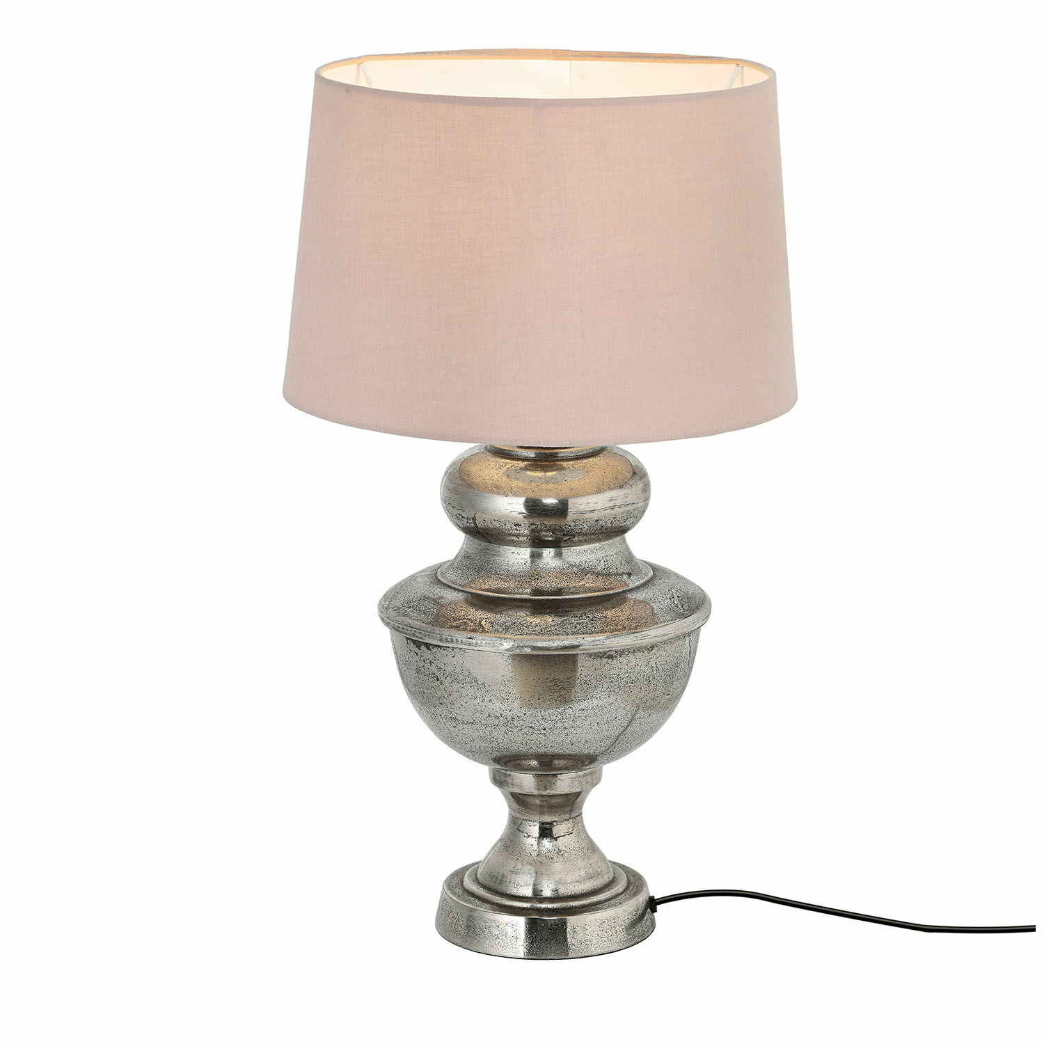 Stolní lampa Kalvin Stolní lampa se stříbrnou kovovou základnou a béžovým stínidlem, dekorativní osvětlení do obýváku