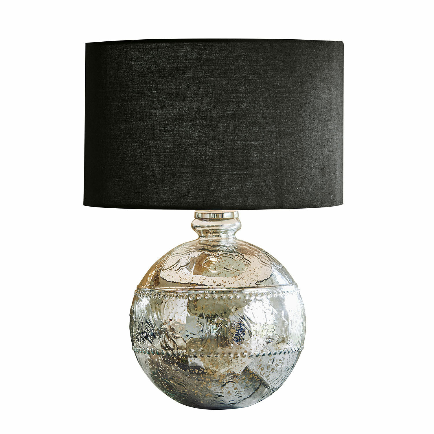 Stolní lampa Voyer Dekorativní stolní lampa s kulatou stříbrnou skleněnou základnou a černým stínidlem do obývacího pokoje
