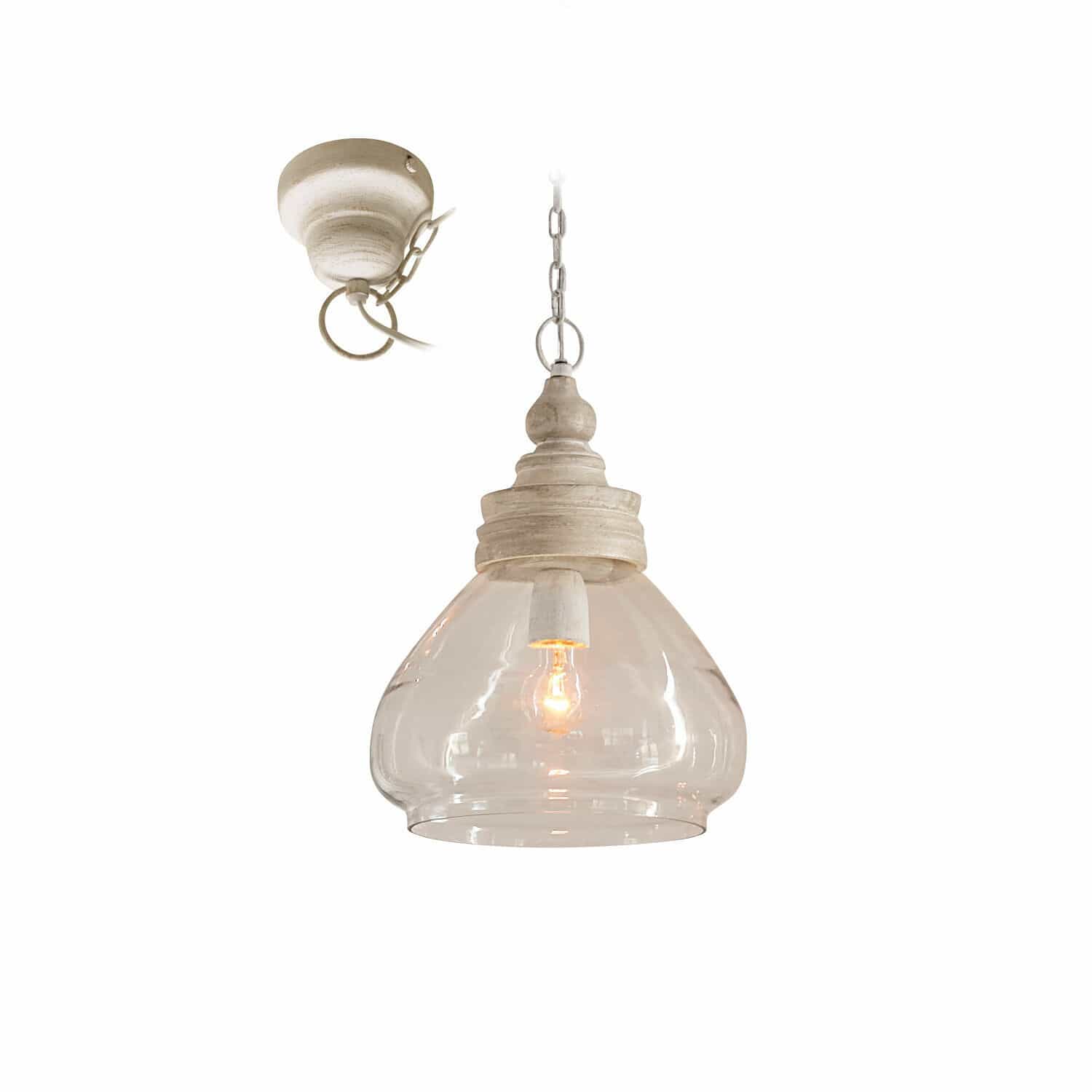 Závěsná lampa Pallu Závěsná lampa z čirého skla a bílého dřeva ve vintage stylu pro interiérové osvětlení