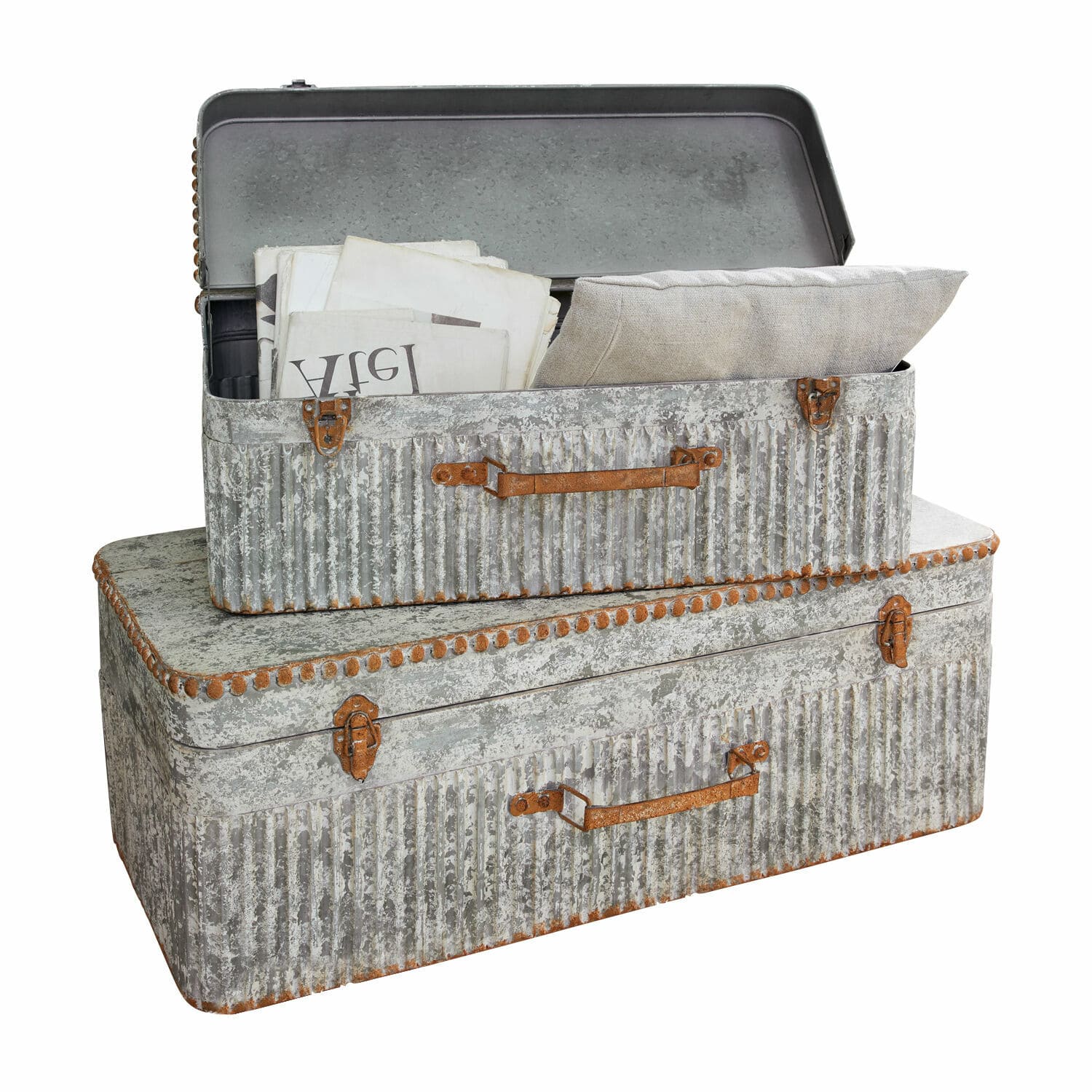 Truhla, 2dílná sada Robyn Sada dvou šedých kovových truhlic s rezavými úchyty pro praktické skladování